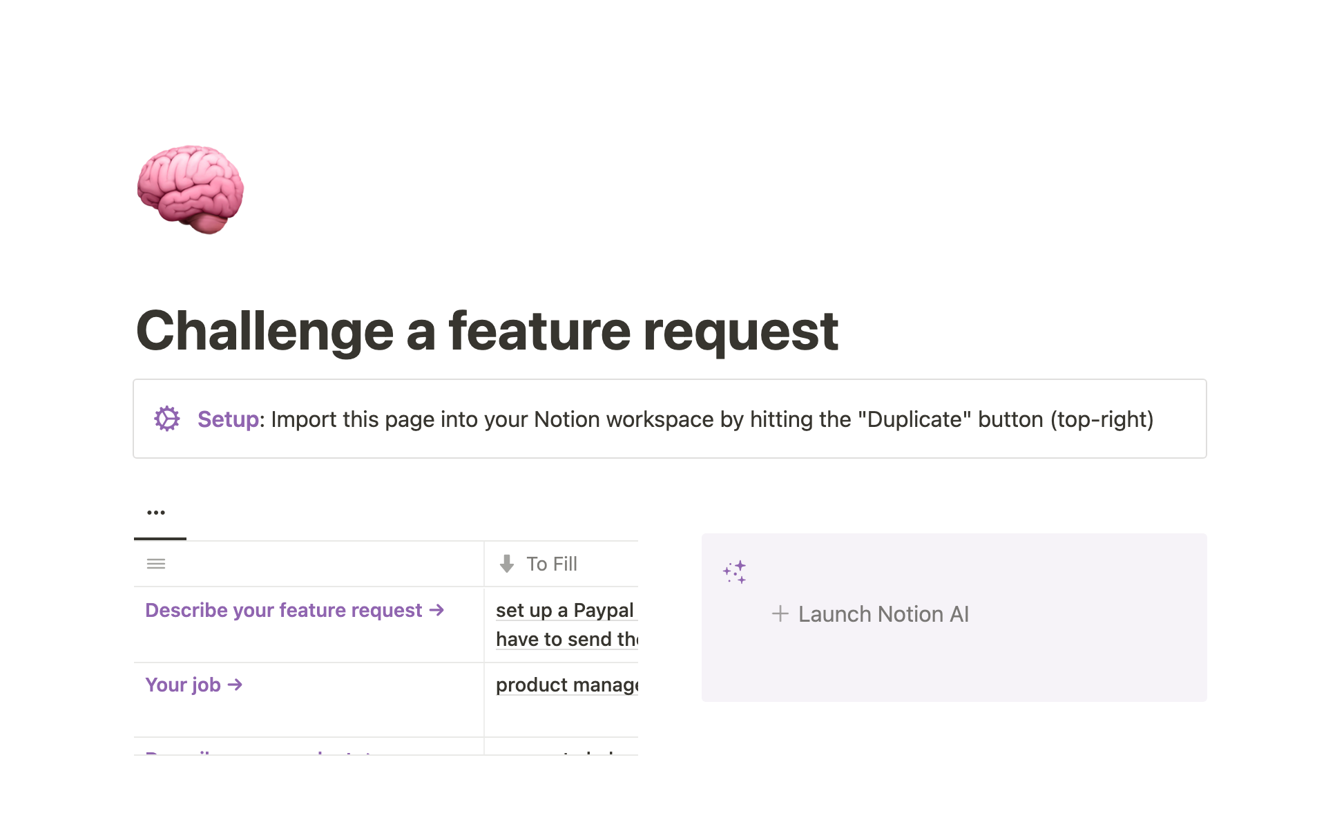 A template preview for Challenge a Feature Request