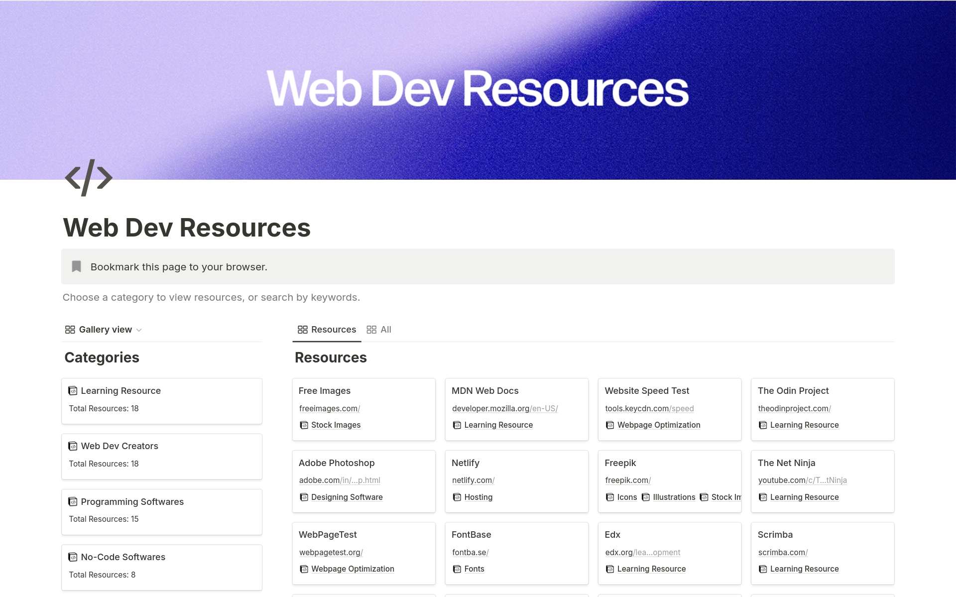En forhåndsvisning av mal for Web development resources