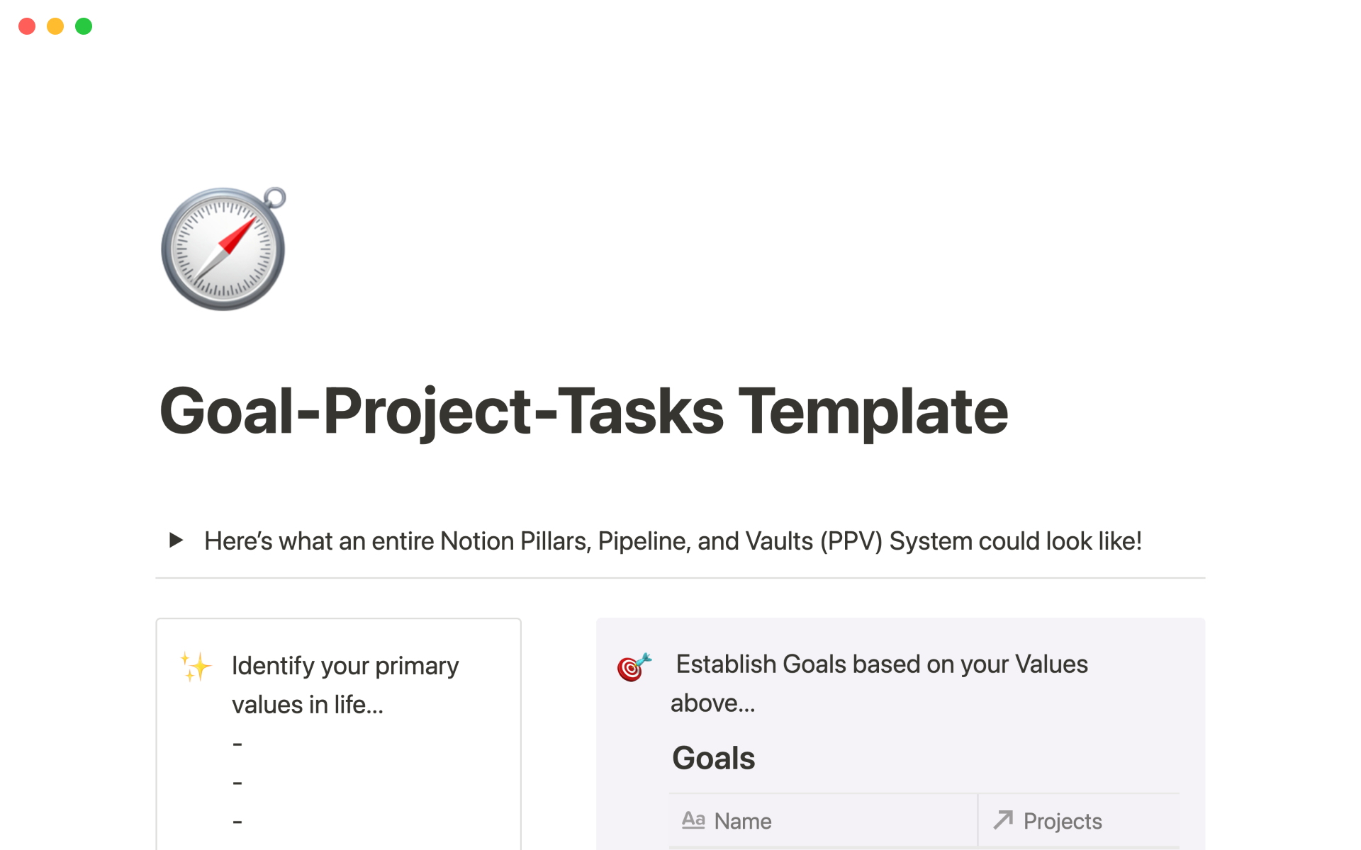 A template preview for Goal-Project-Tasks Template