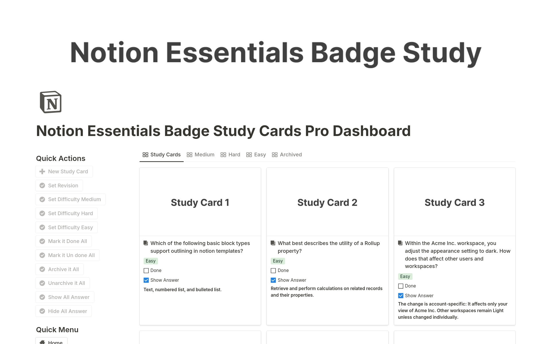 Essentials Badge Flash Cards Deck PRO Notion Template