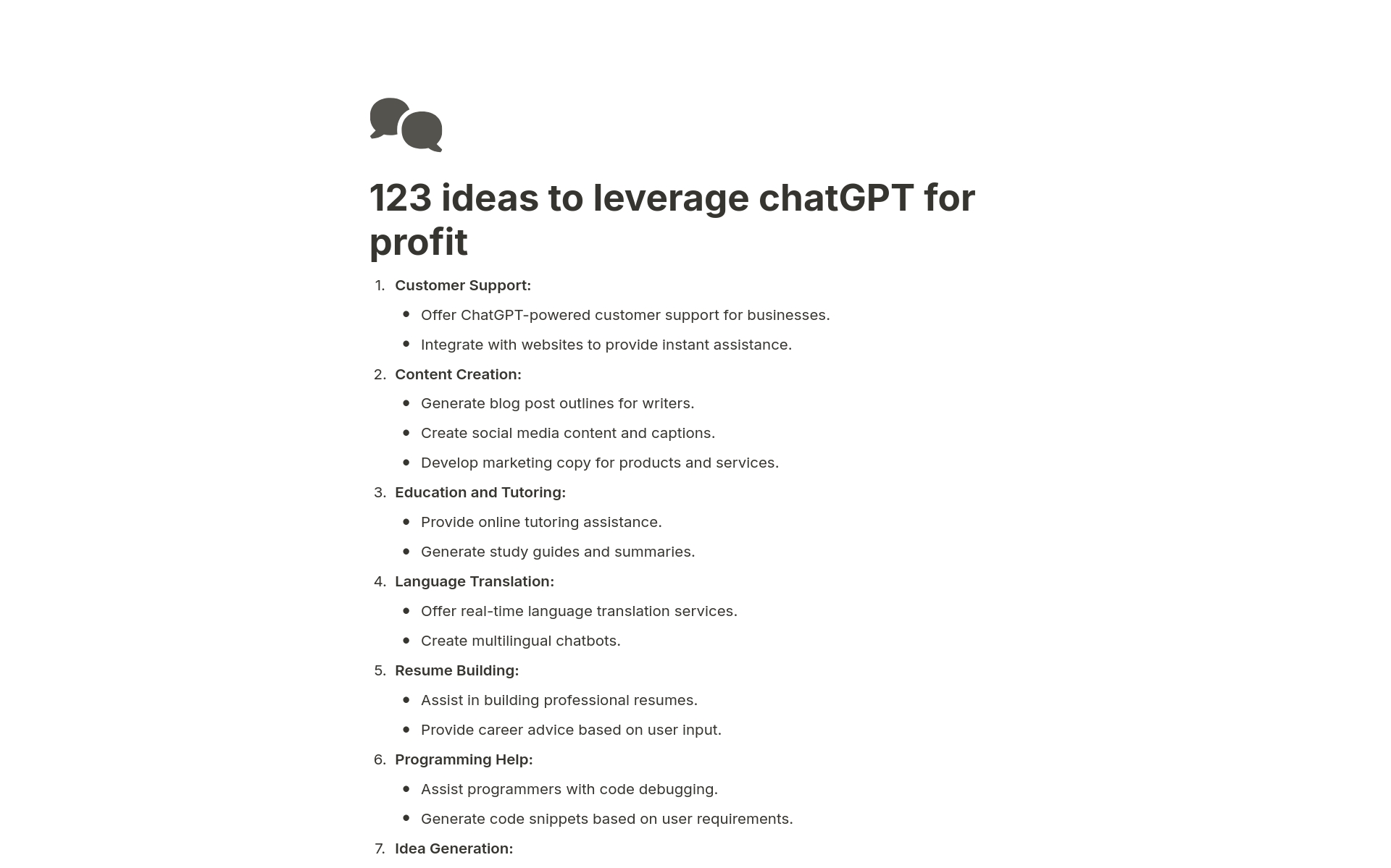 Vista previa de plantilla para 123 ideas to leverage chatGPT for profit