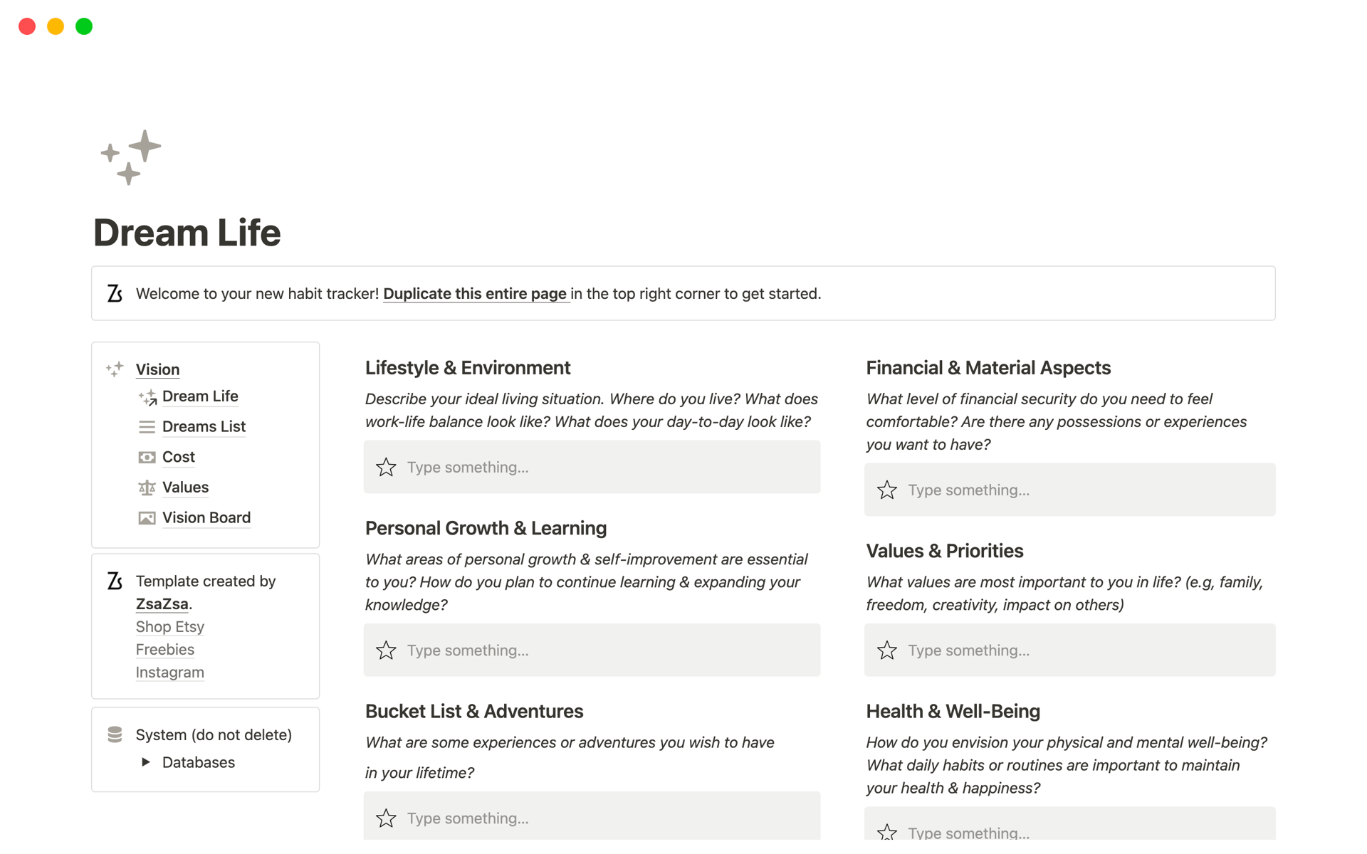 Discover and plan your ideal future with our Dream Life Notion Template, featuring in-depth discovery questions, a dynamic vision board, and practical tools for aligning your dreams with your values and financial goals.

