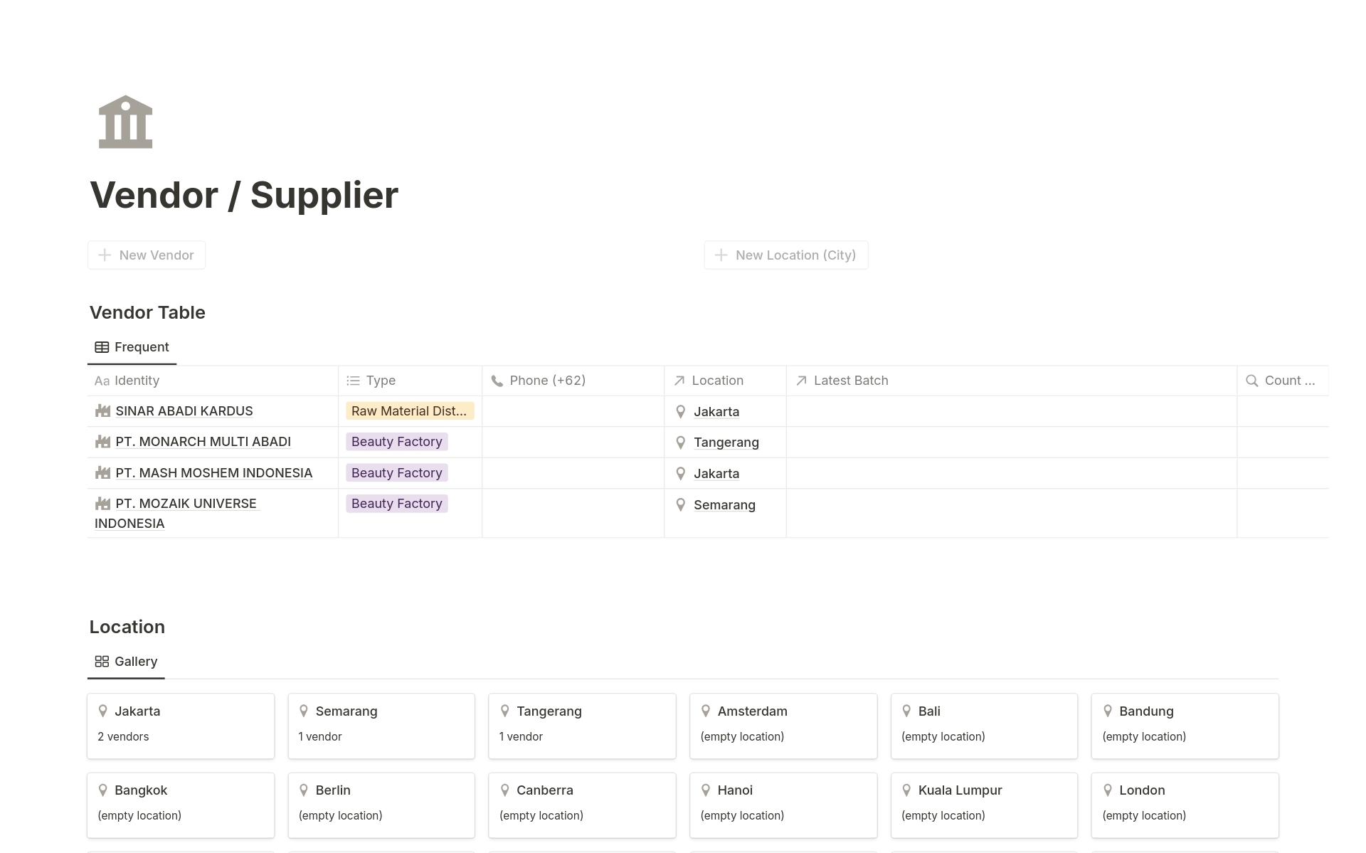 Vista previa de una plantilla para Vendor and Supplier Archive