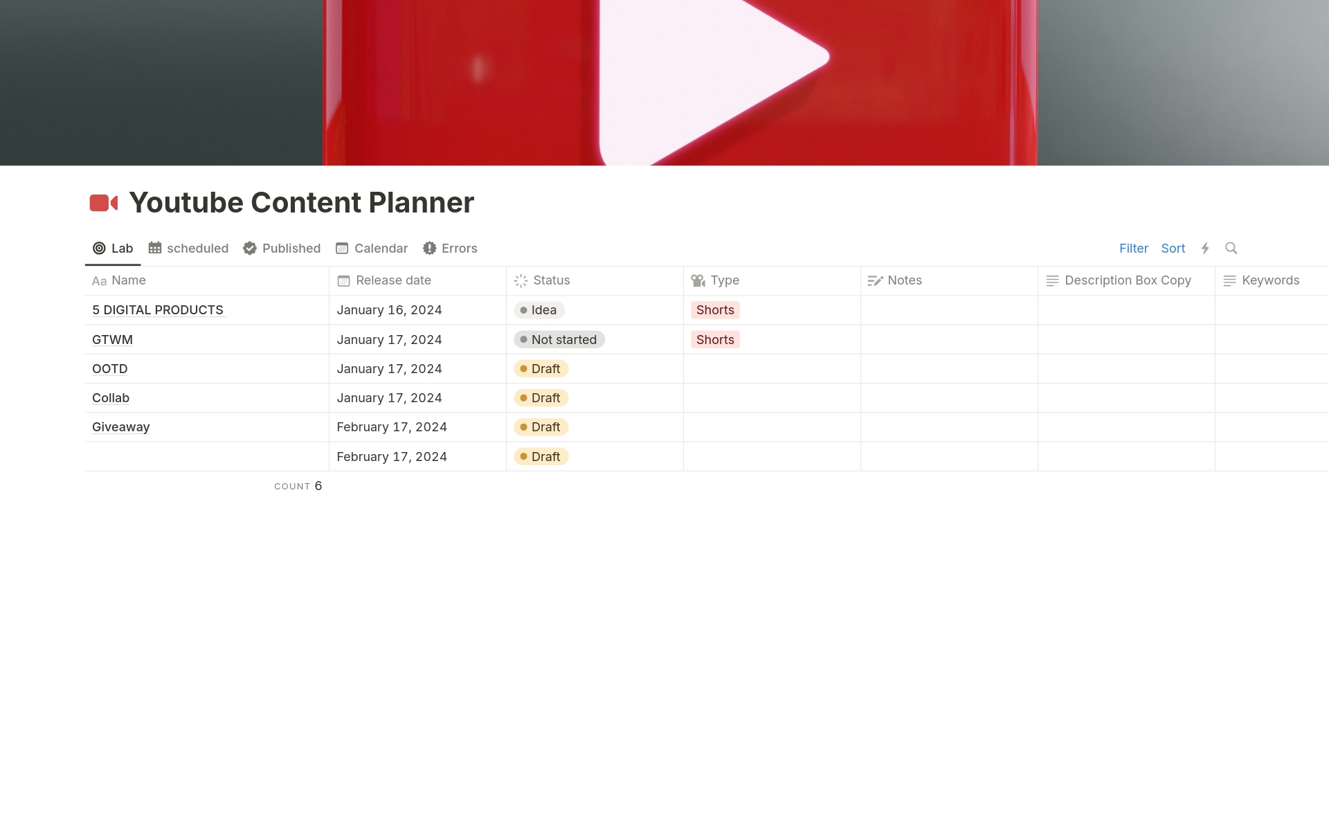 Vista previa de una plantilla para Youtube Content Planner