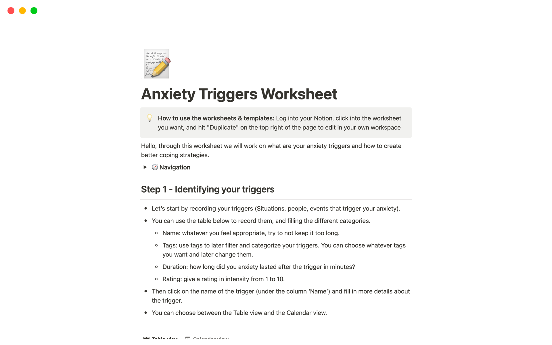 A template preview for Anxiety Triggers Worksheet