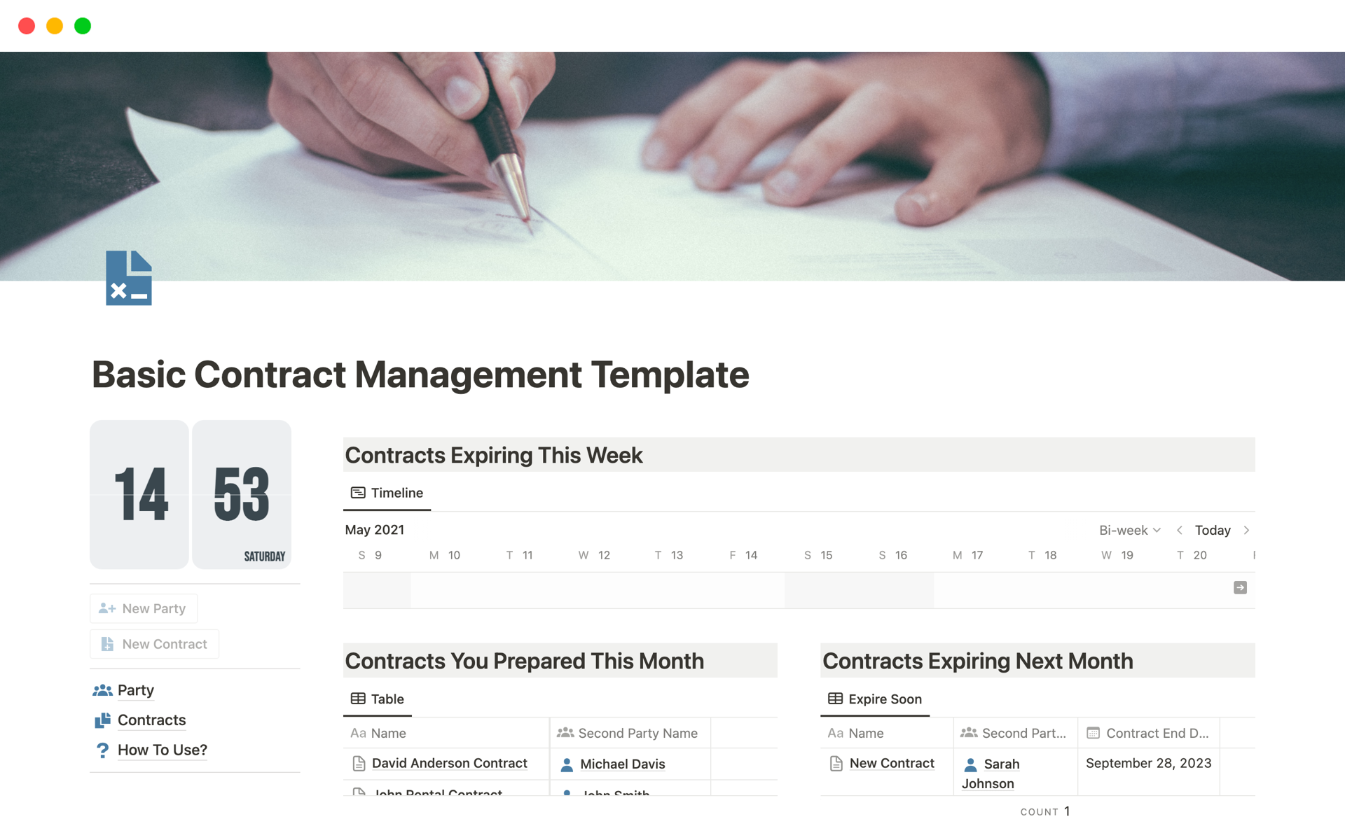 Manage your contracts easily with template! Add parties, press a button, and voila – your contract draft is ready. Create, manage, and simplify!