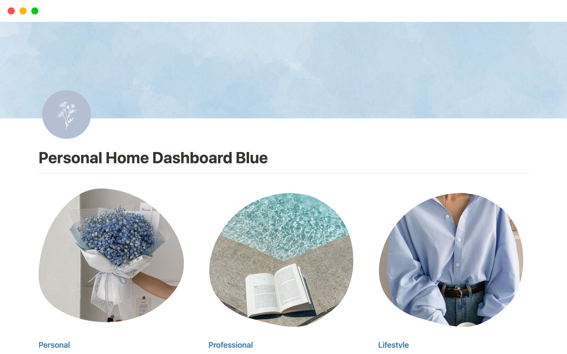 A template preview for Personal Home Dashboard (Blue)