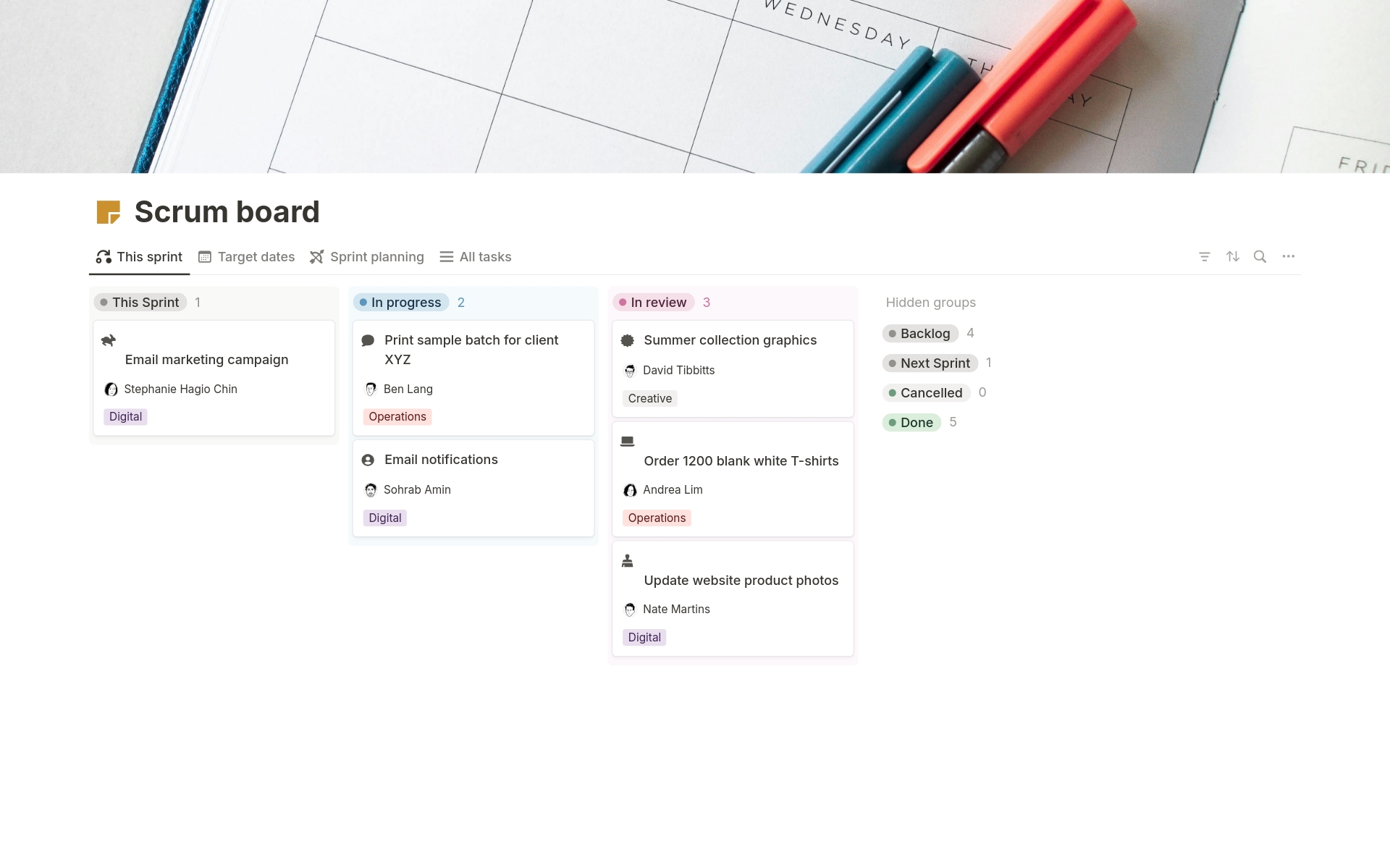 A Scrum board for small companies to aid standups, sprint planning, and tracking target dates.