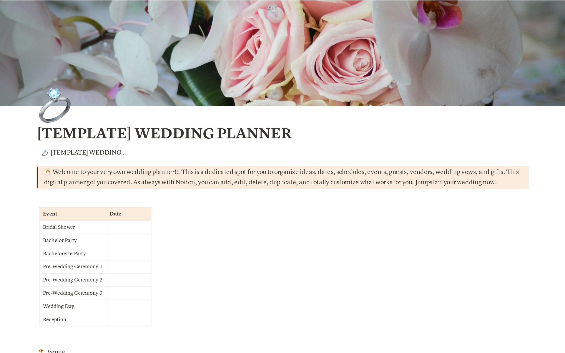 This is a digital planner for you to organize your wedding ideas, dates, schedules, events, guests, vendors, wedding vows, gifts, and much more. The template is gender-neutral and faith-neutral. Customize your wedding your way!