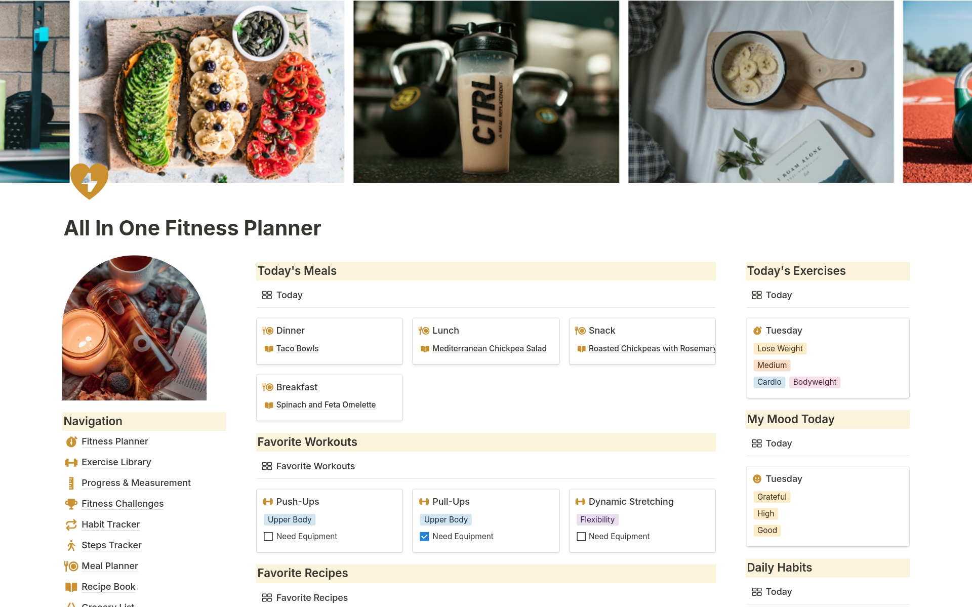Streamline your fitness journey with our All in One Notion Fitness Planner! Effortlessly track workouts, plan meals, and monitor progress in one aesthetically pleasing notion template. From exercises to meal plans, achieve your goals with ease and style.