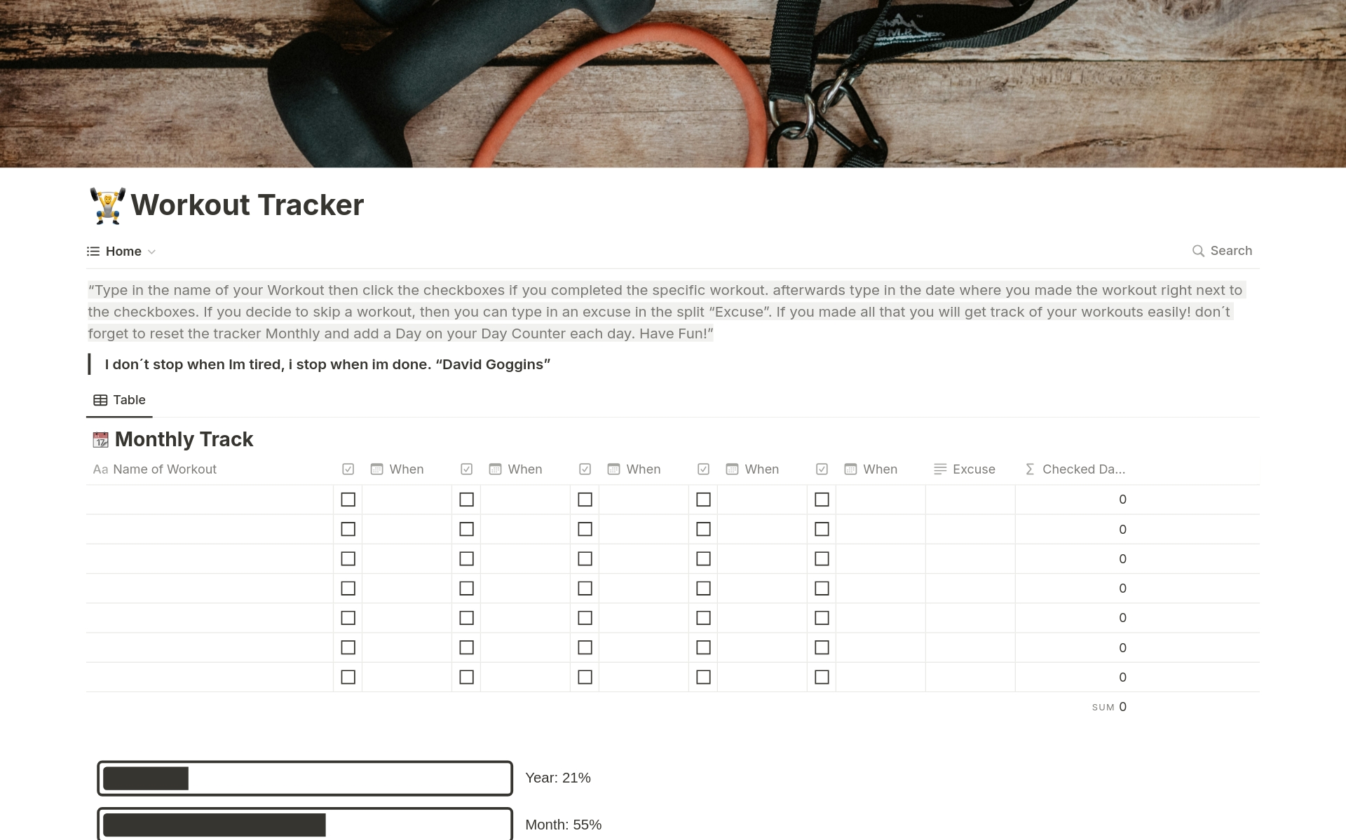 A template preview for Workout Tracker 