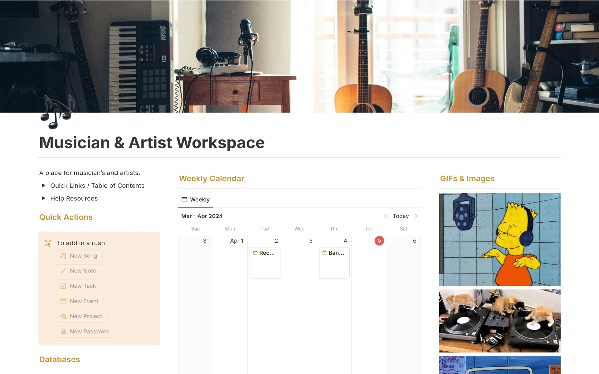 Eine Vorlagenvorschau für Musician & Artist Workspace