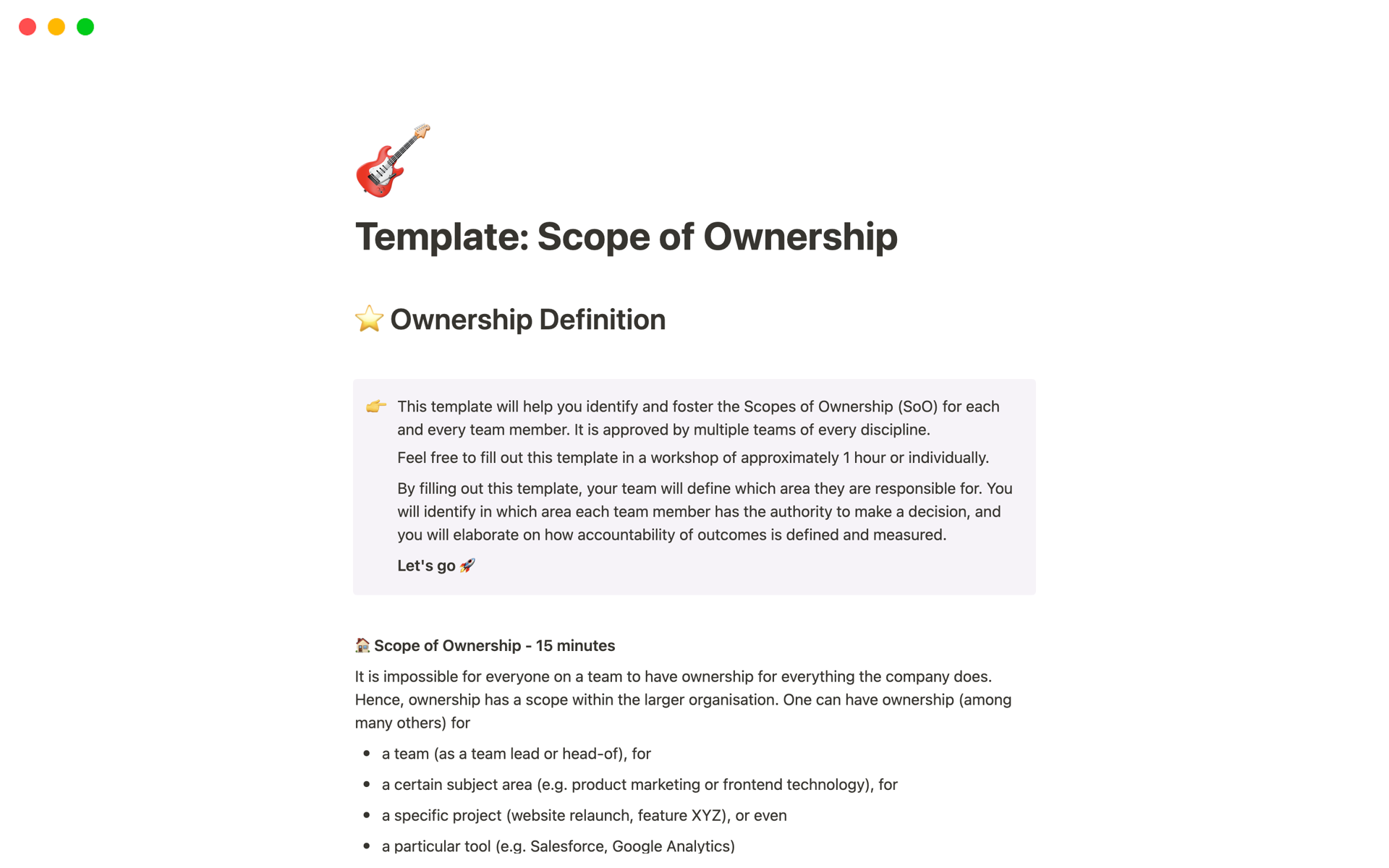 A template preview for Team Roles & Responsibilities - Scope of Ownership