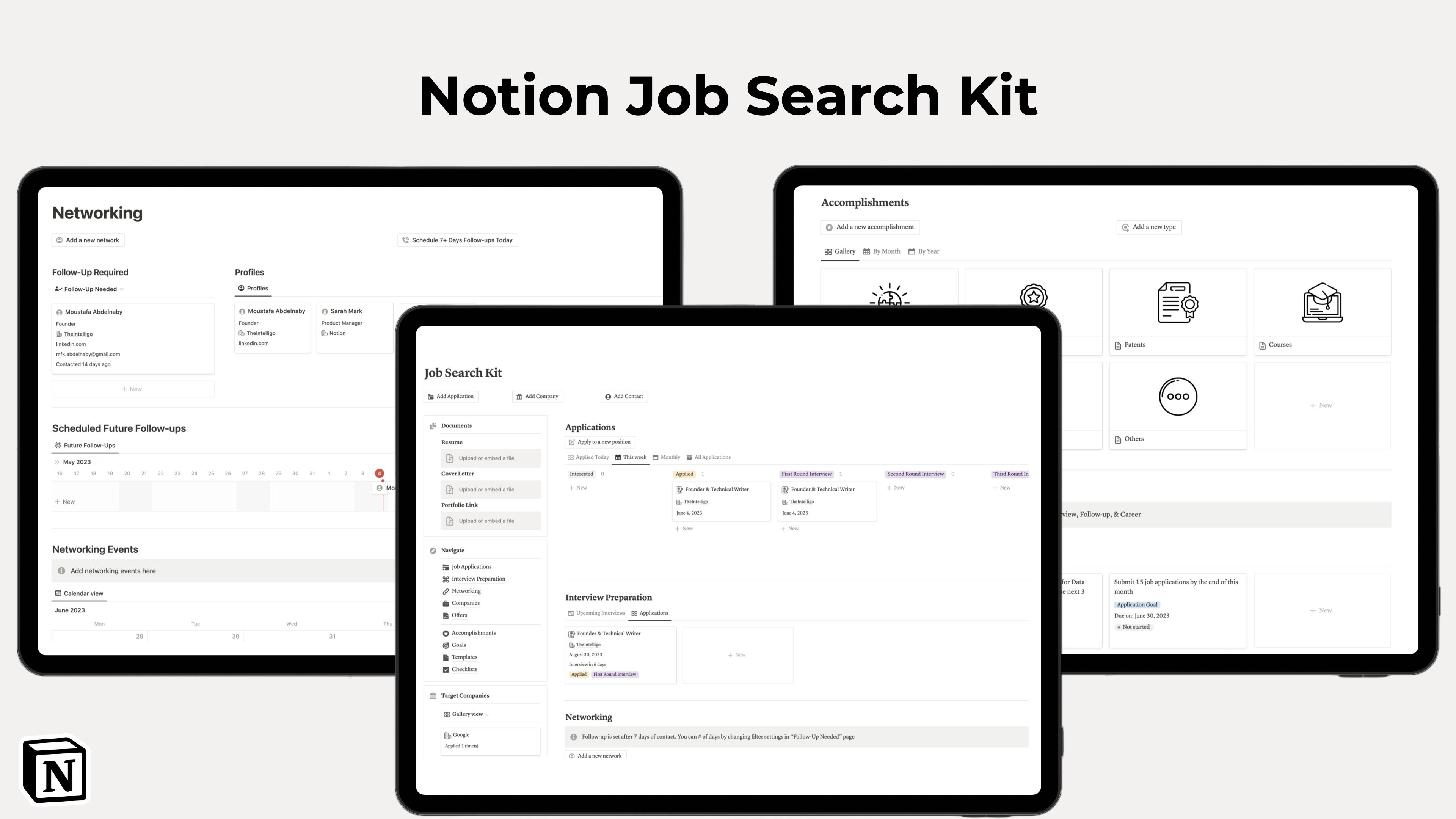A comprehensive Notion job search template to help you organize applications, track networking contacts, set career goals, and land your next opportunity.

