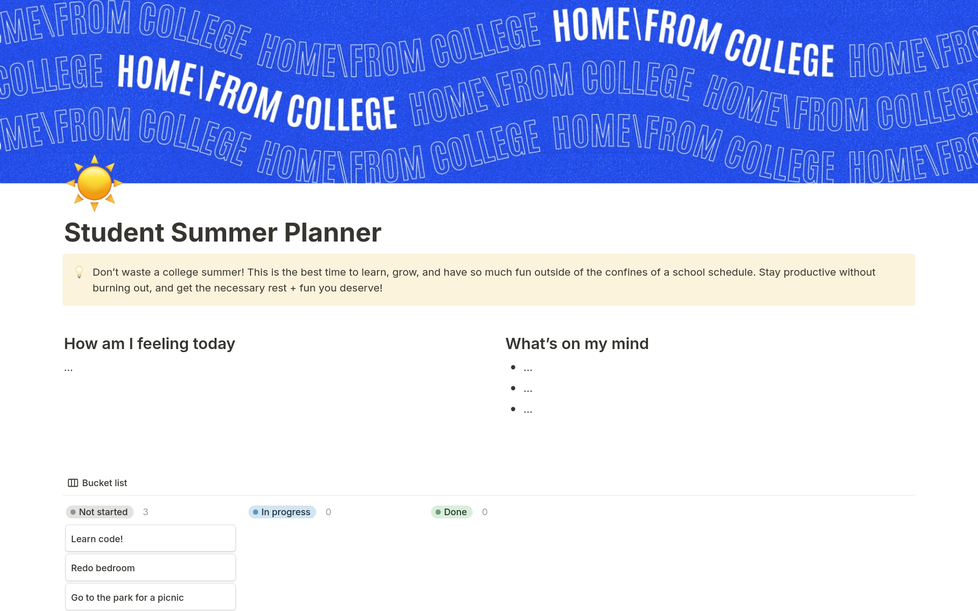 Uma prévia do modelo para Student Summer Planner