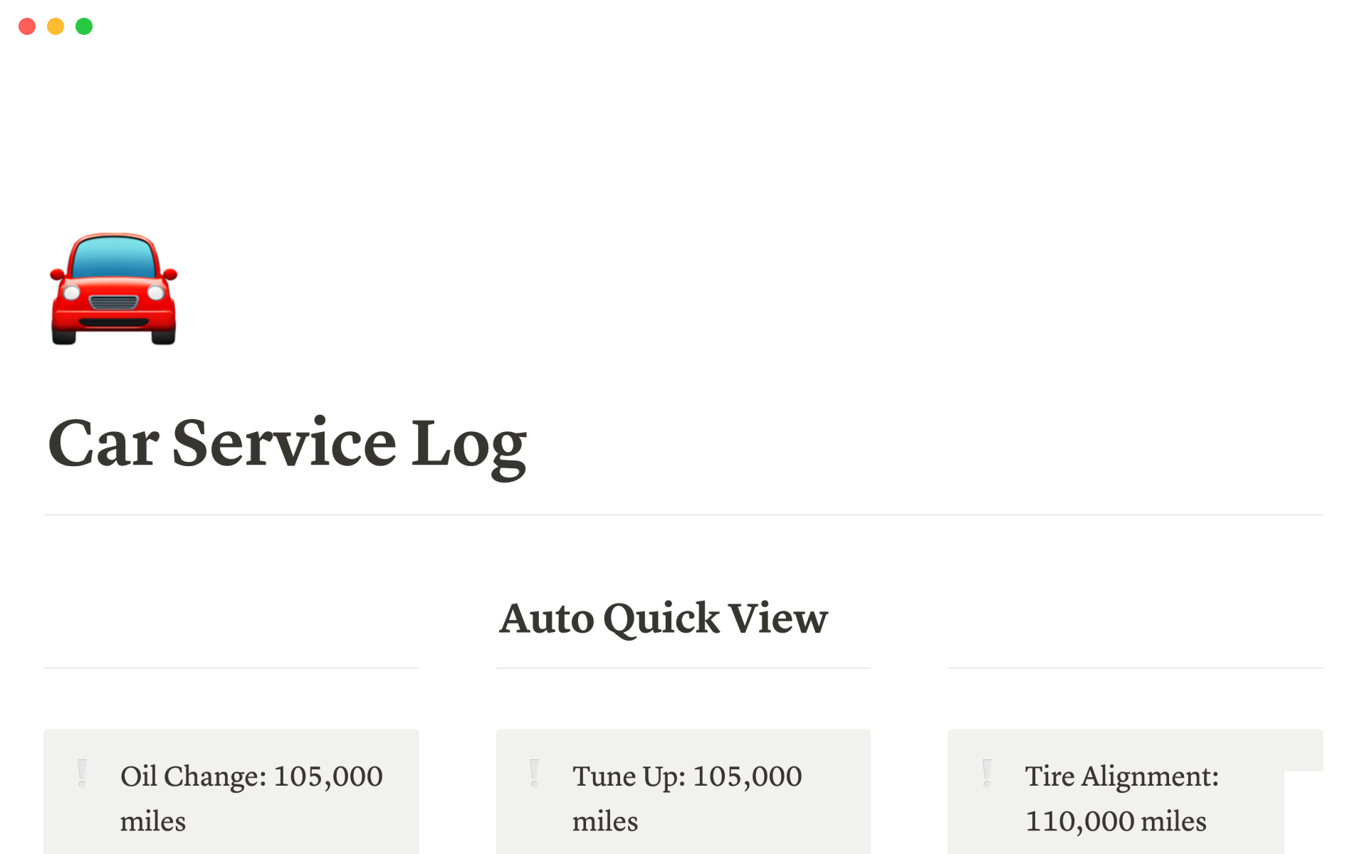 A template preview for Car service log