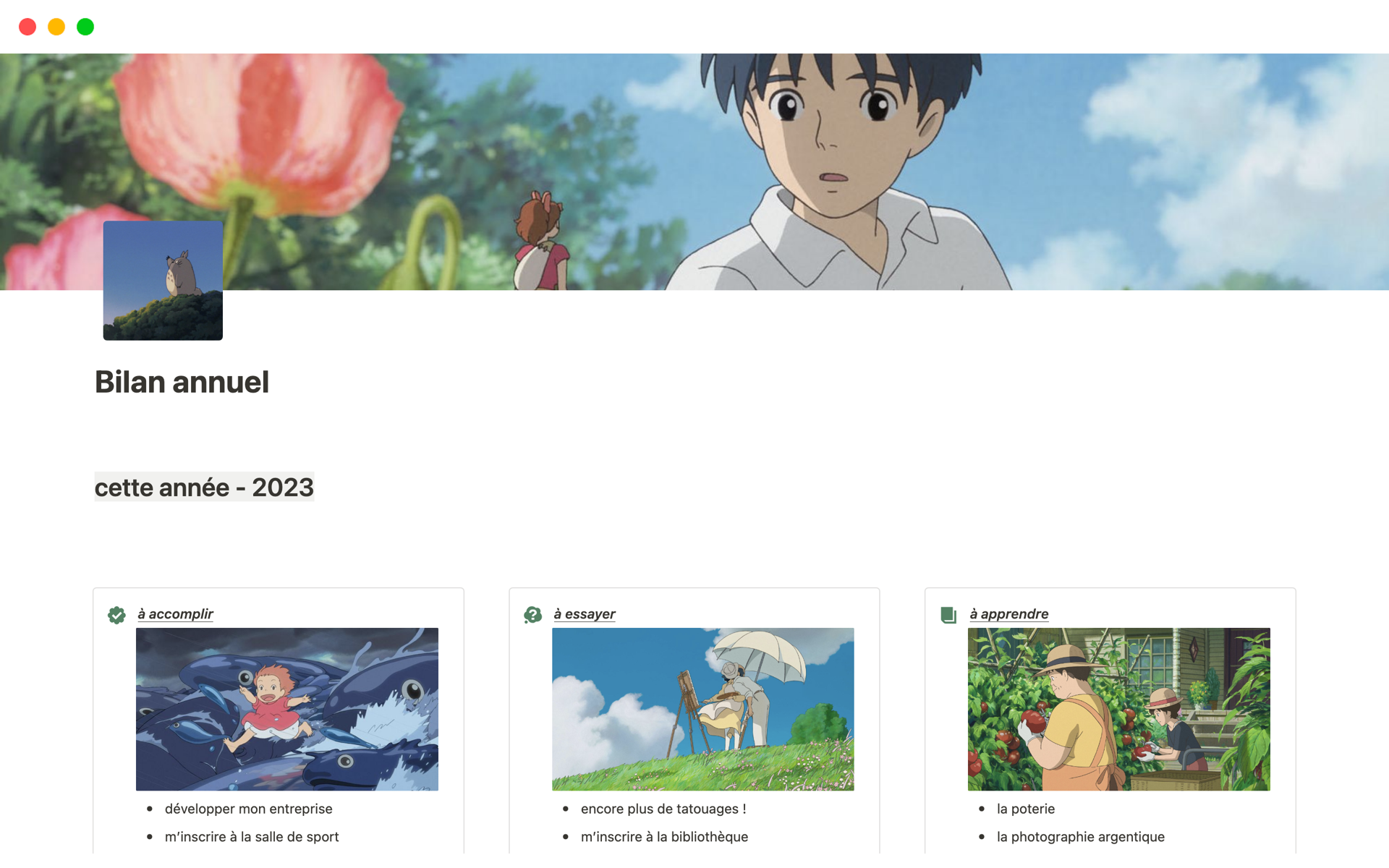 Vista previa de plantilla para Bilan annuel - Studio Ghibli