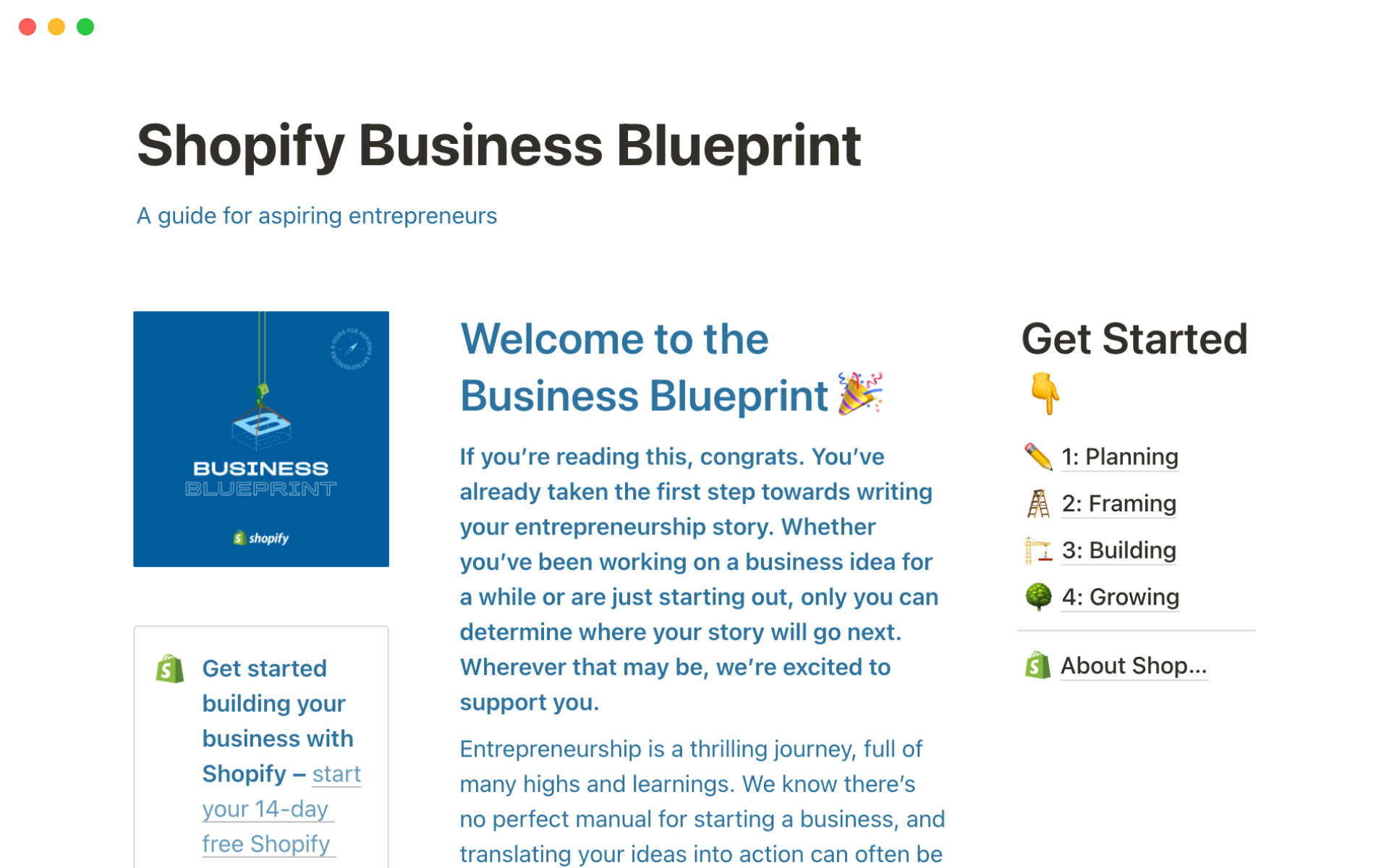 Vista previa de plantilla para Shopify's business blueprint