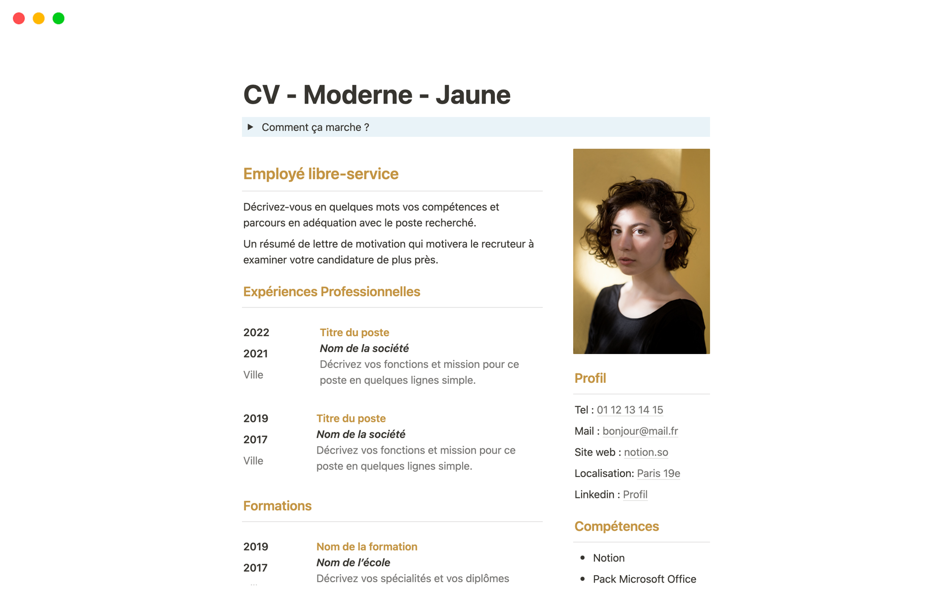 A template preview for CV - Moderne - Jaune