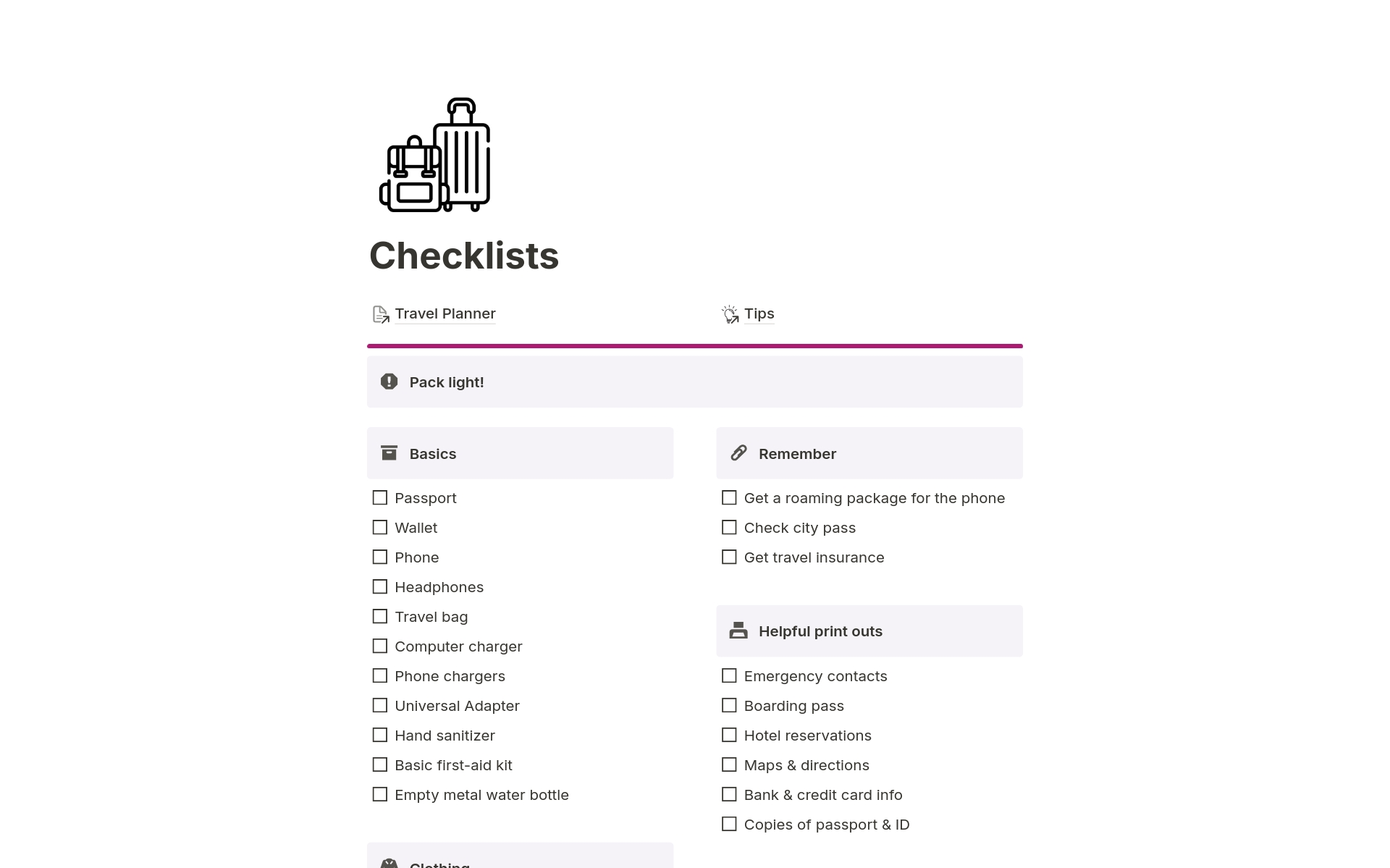 This template features six activity categories for easy planning, including databases for tracking places and trips, an itinerary page, packing checklists, and a trip tips section to enhance your travel experience.