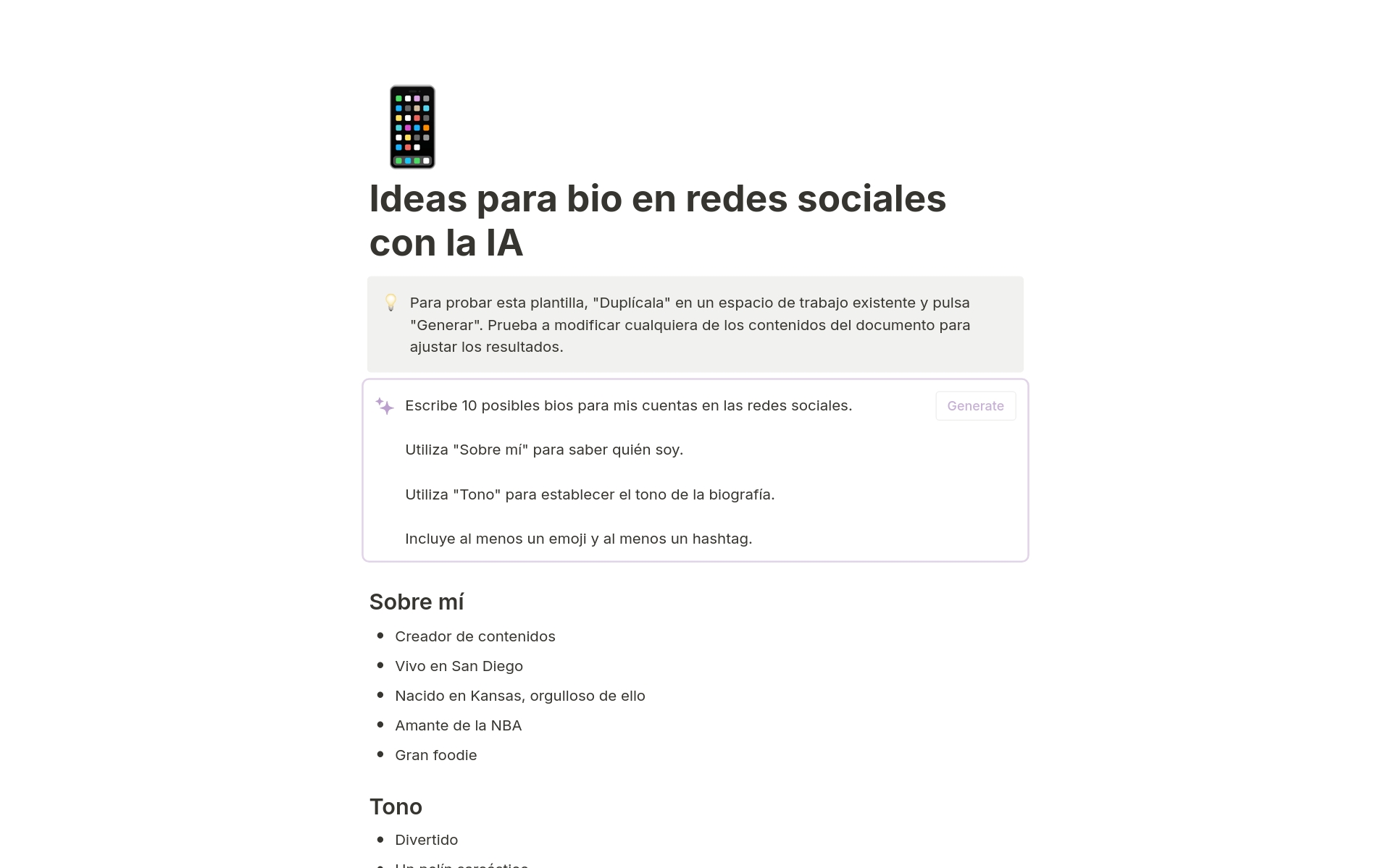 Vista previa de plantilla para Ideas para bio en redes sociales con la IA