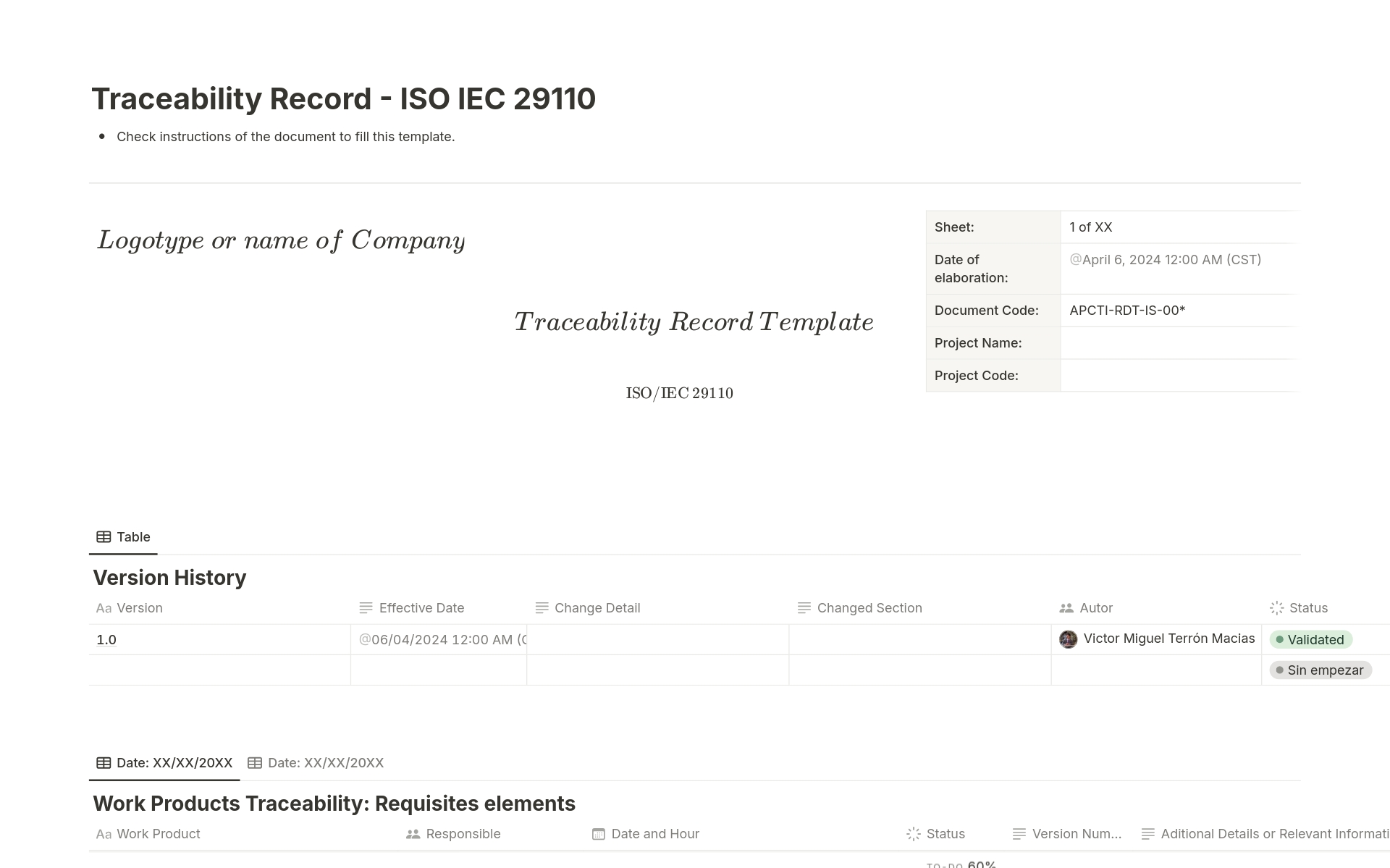 A template preview for Traceability Record