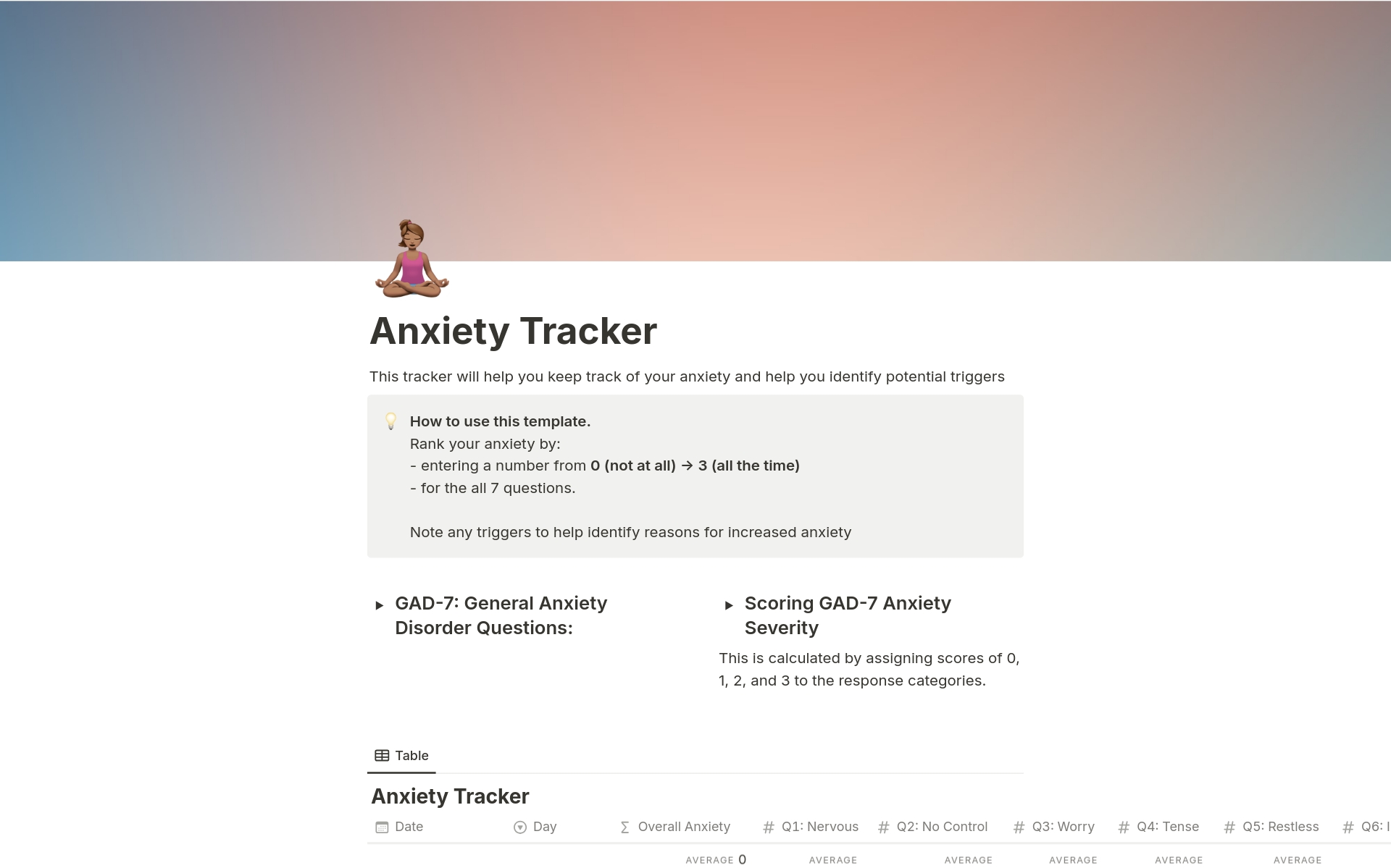 A template preview for Anxiety Tracker