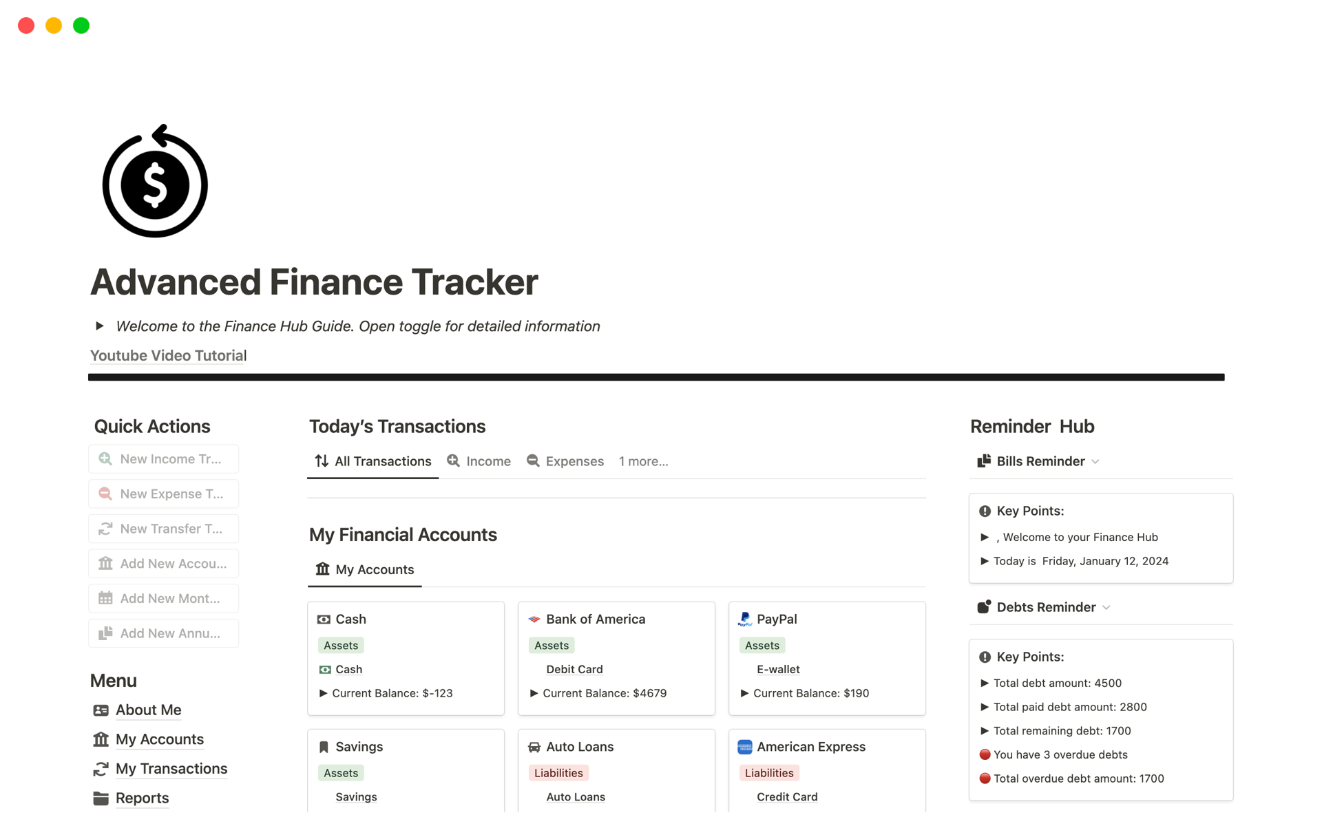 A template preview for Advanced Finance Tracker