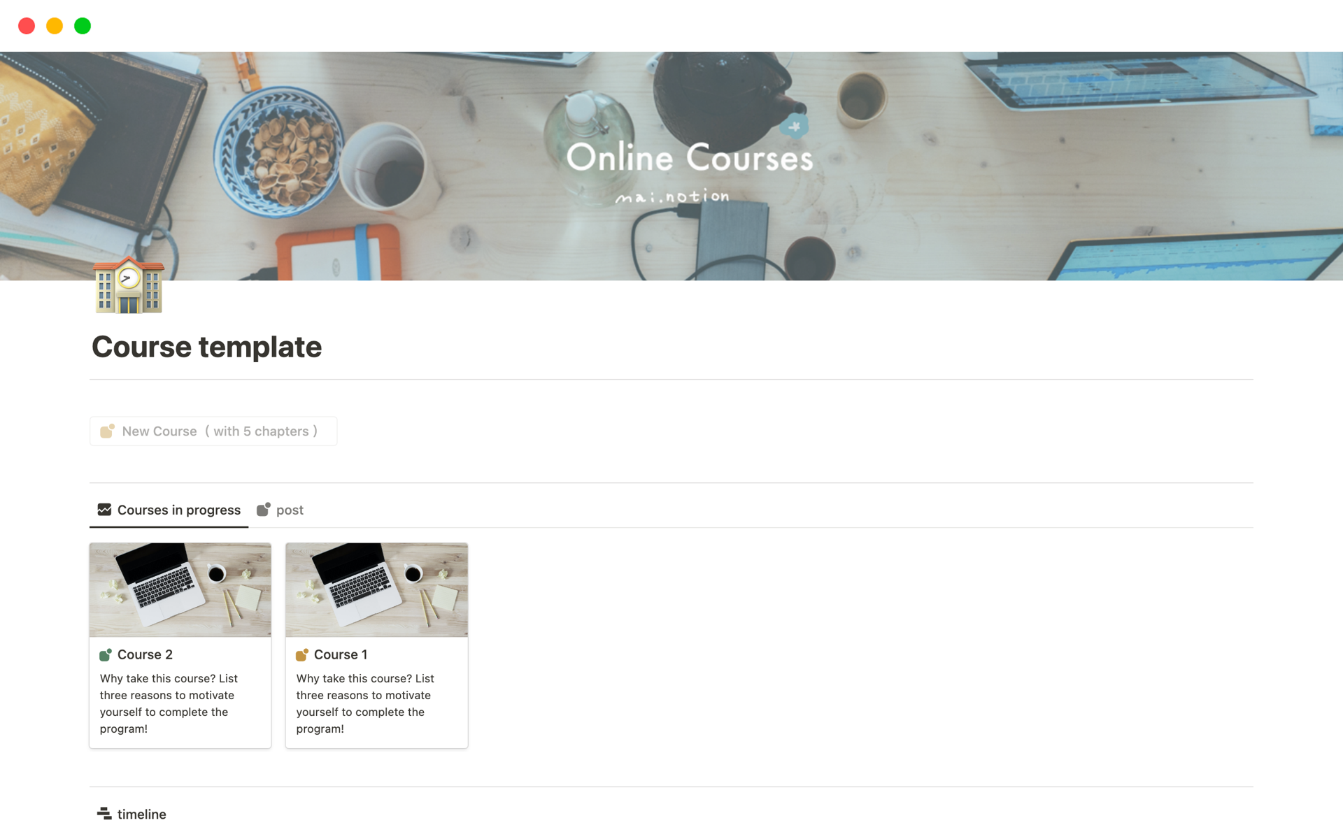 Eine Vorlagenvorschau für Online Course Hub