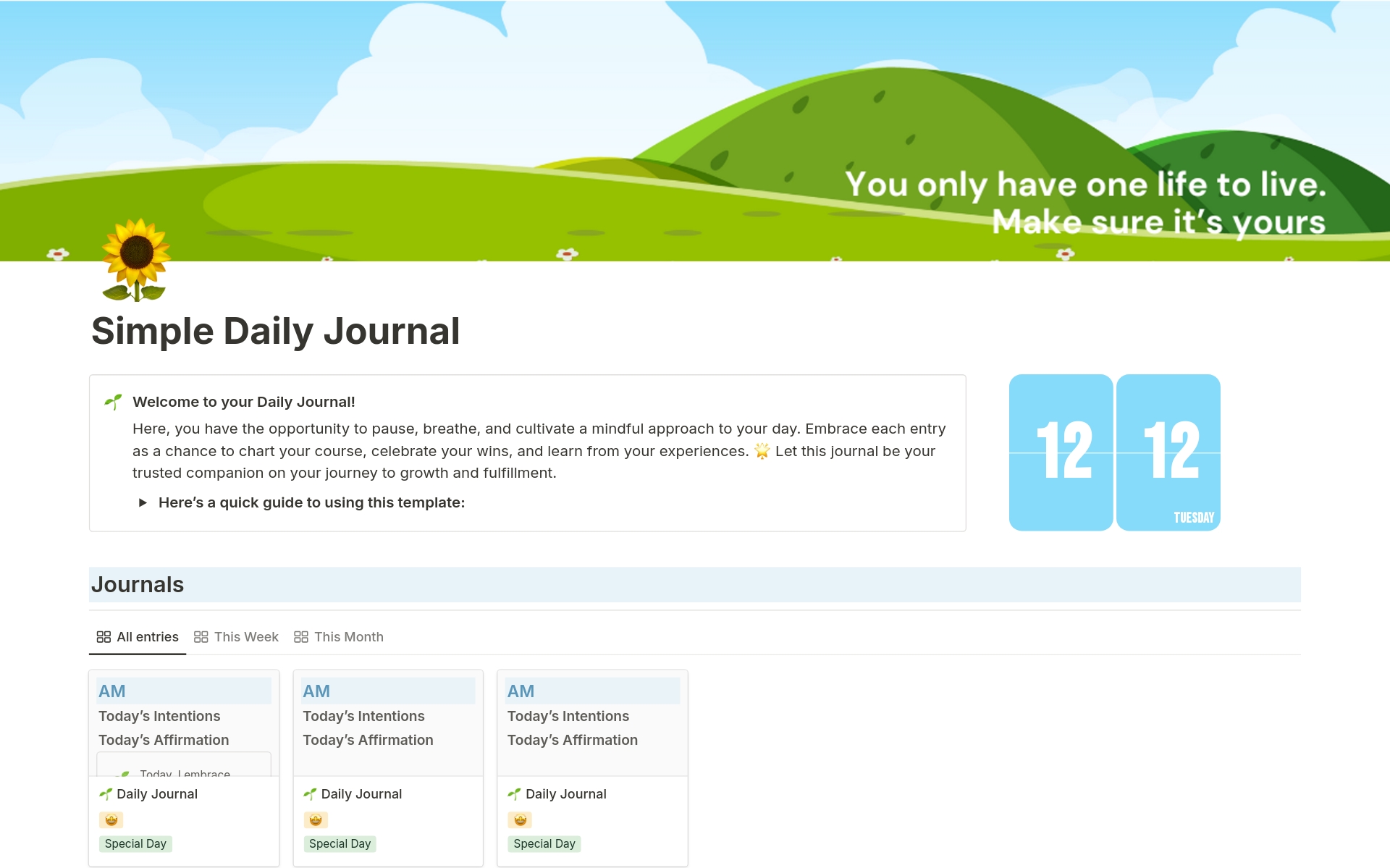 The daily journal template designed to help you organize your thoughts, set intentions, and reflect on your day. Customize it to fit your unique style and needs.