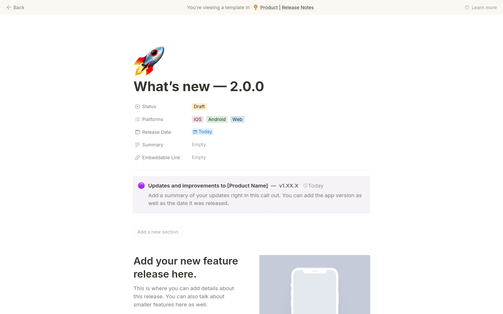 Streamline release notes with our Notion template. Use the power of Notion to easily create beautiful-looking What's New pages. Then generate embeddable public links to share these notion pages which can be used within mobile or web apps. Perfect for PMs and Devs. 