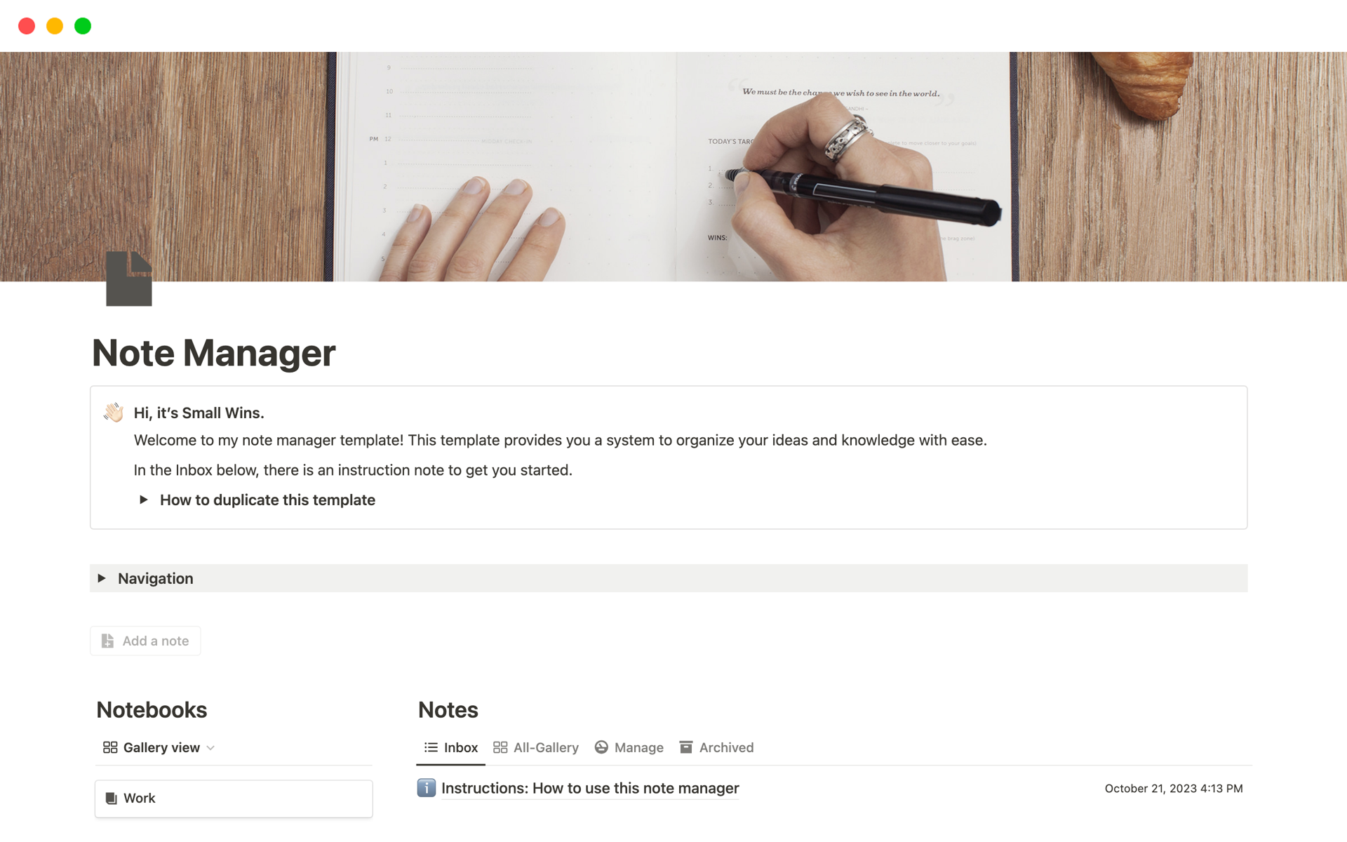 A template preview for Note Manager