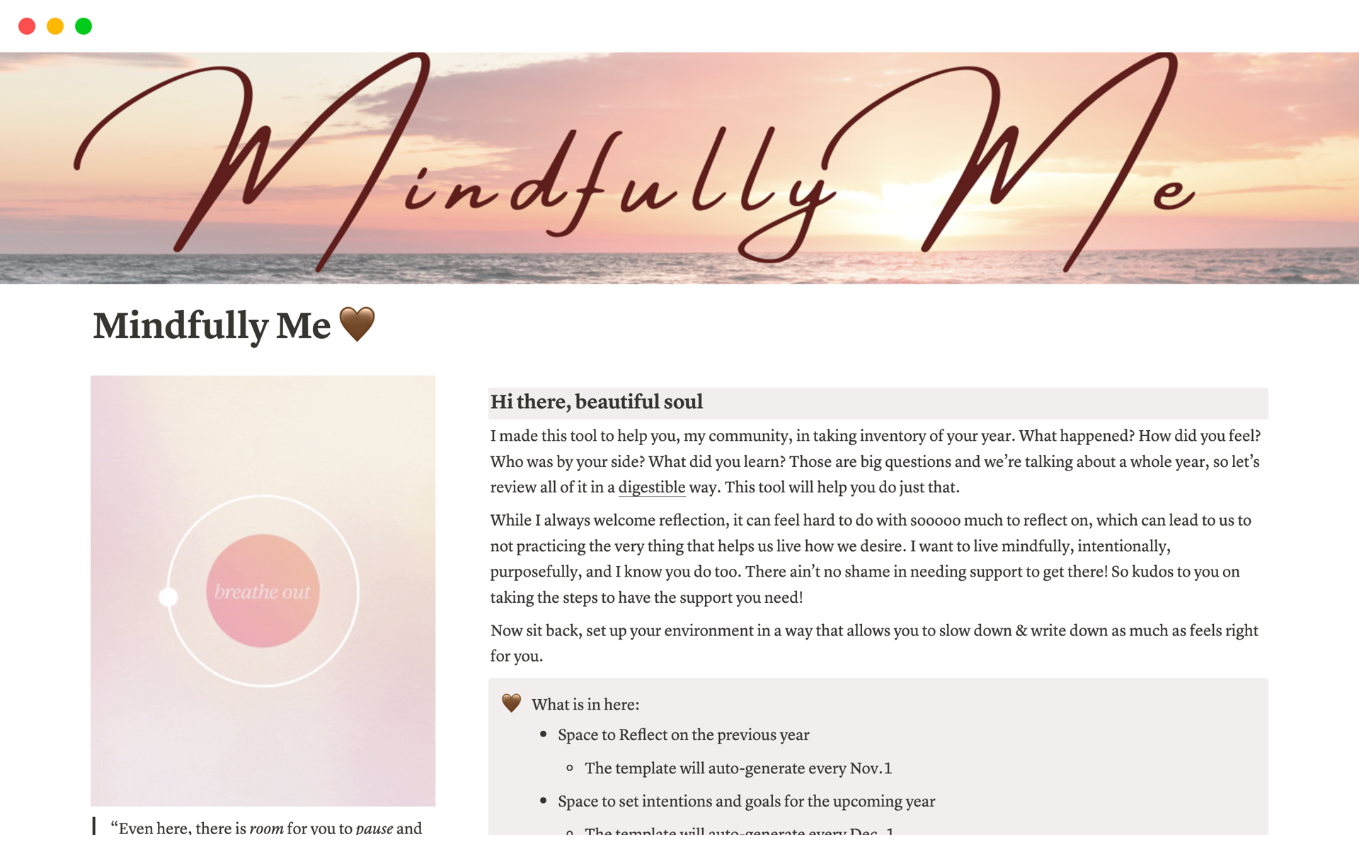 A template preview for Mindfully Me