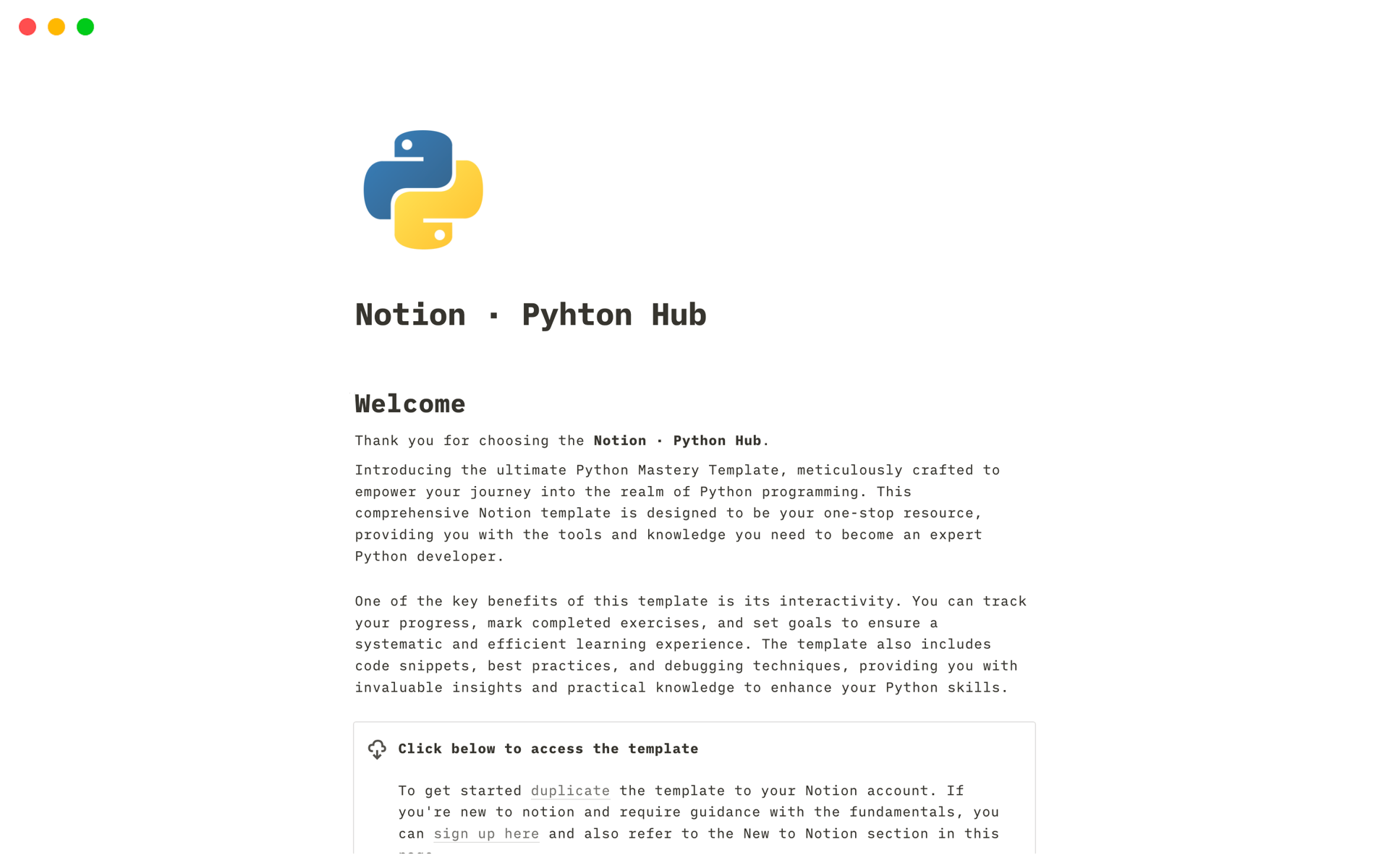A template preview for Notion · Pyhton Hub