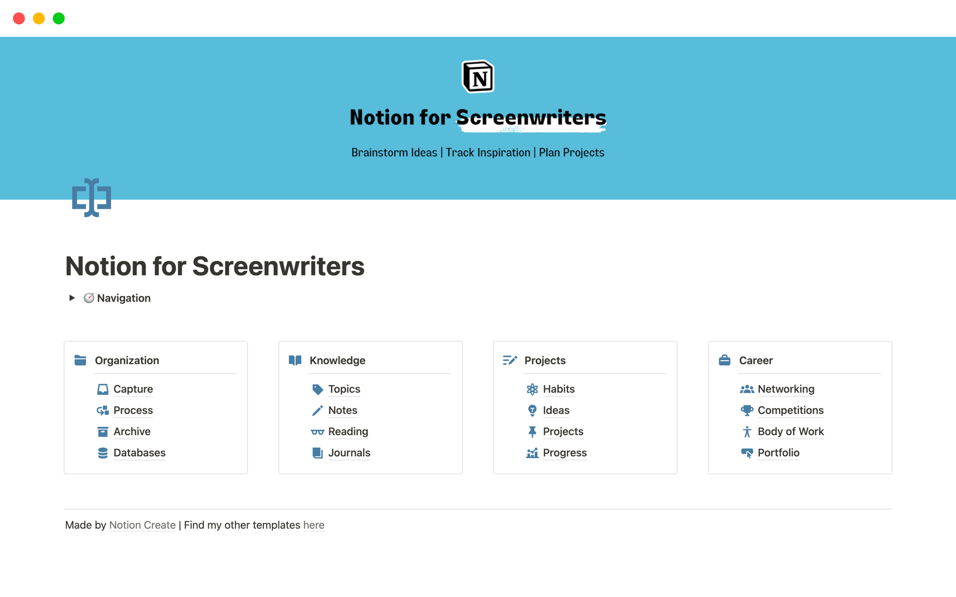A template preview for Notion for Screenwriters