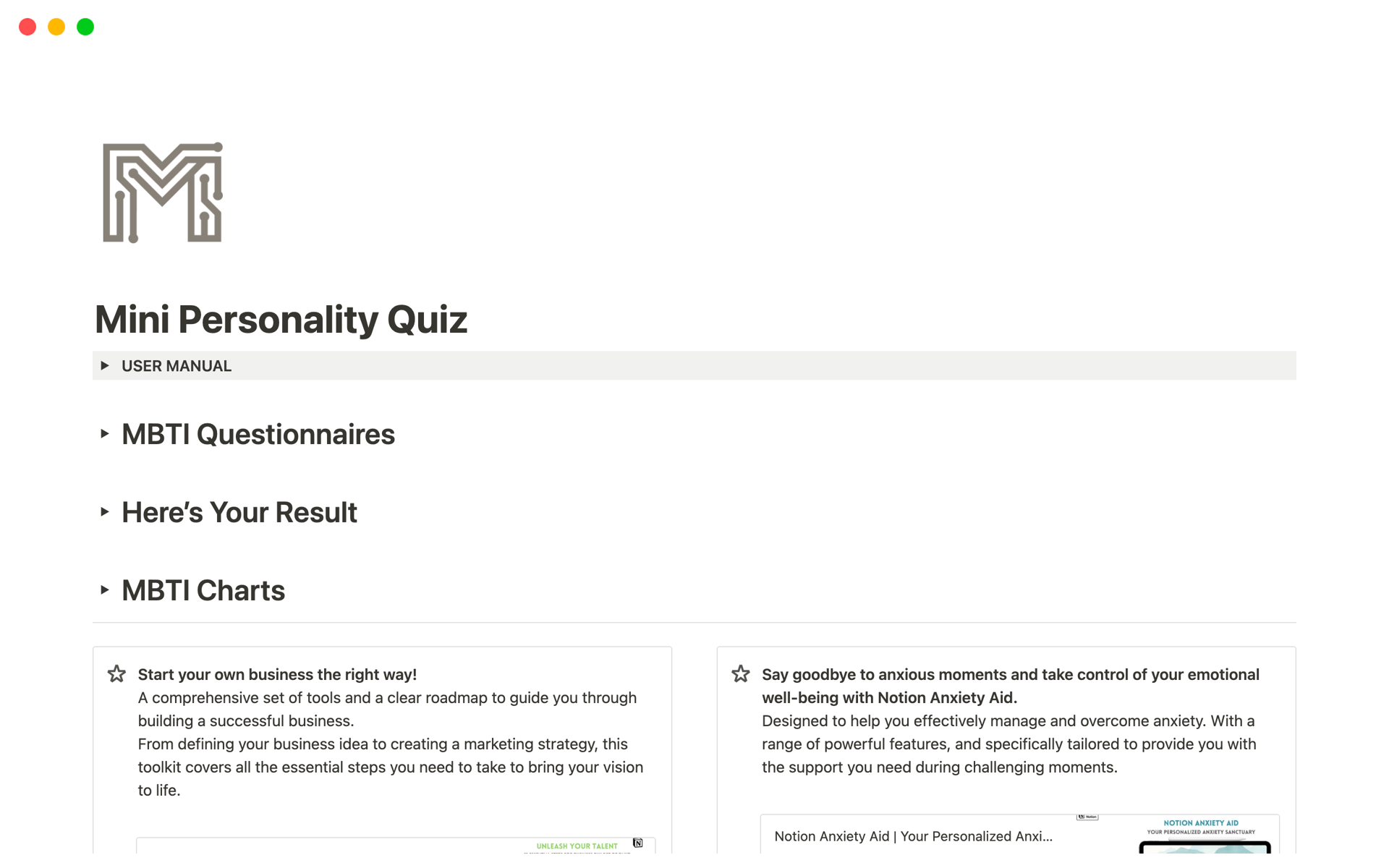 A template preview for Mini Personality Quiz