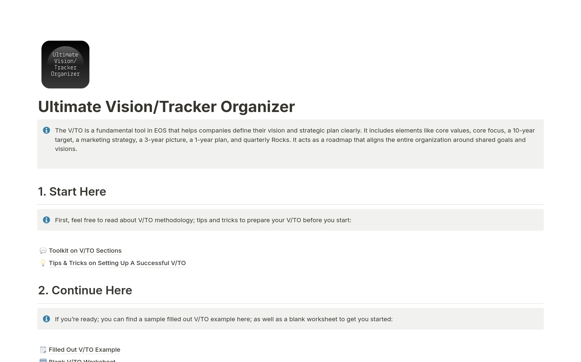 Ultimate Vision/Tracker Organizer is a Notion toolkit designed to streamline strategic planning in line with EOS principles, helping define and achieve long-term business goals while ensuring team focus and commitment.