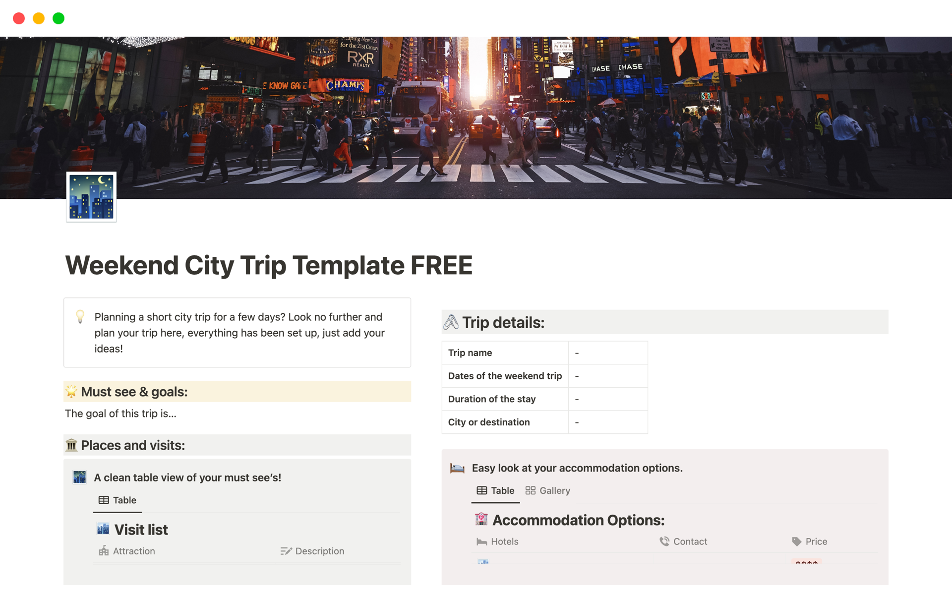 A template preview for Weekend City Trip Template