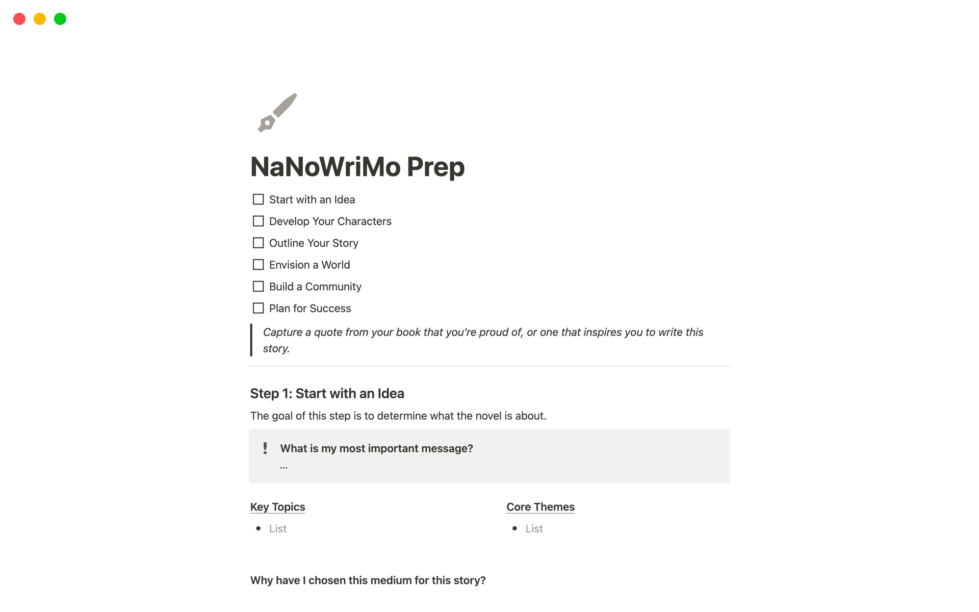 A template preview for NaNoWriMo Prep
