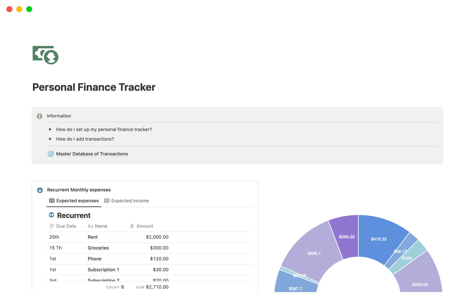 A template preview for Personal Finance Tracker 