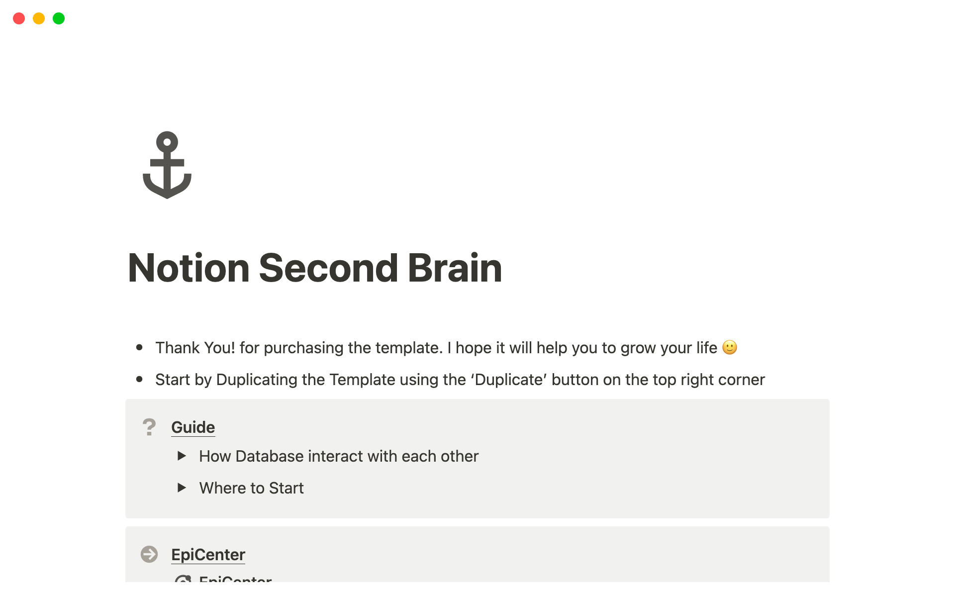Eine Vorlagenvorschau für Notion Second Brain