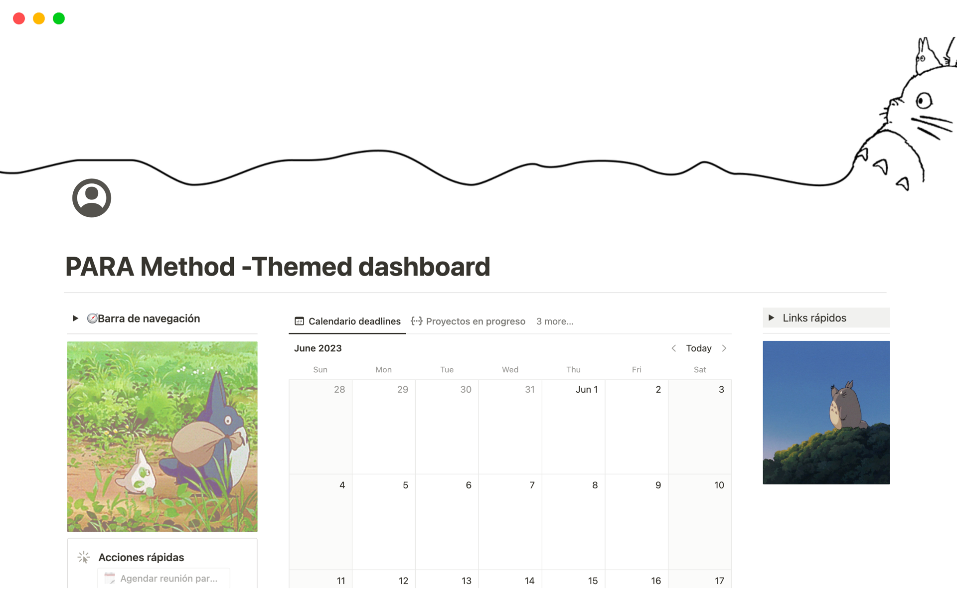 Vista previa de plantilla para PARA Method -Themed dashboard
