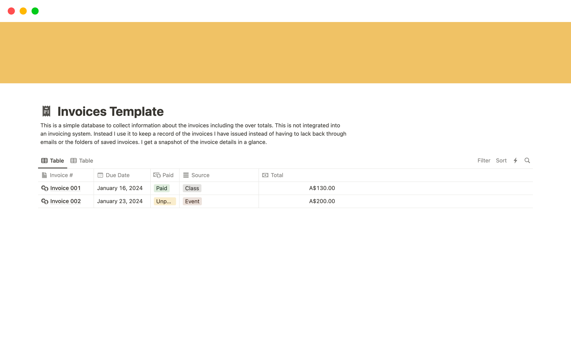 A template preview for Invoice Recording