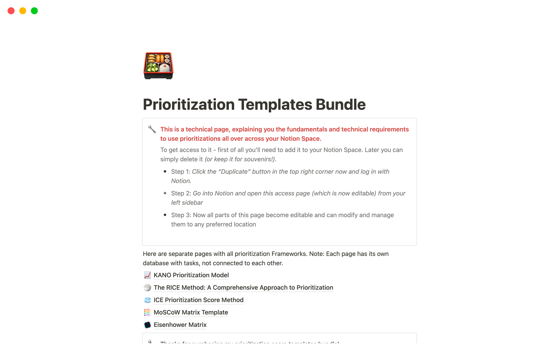 En förhandsgranskning av mallen för Prioritization Templates Bundle