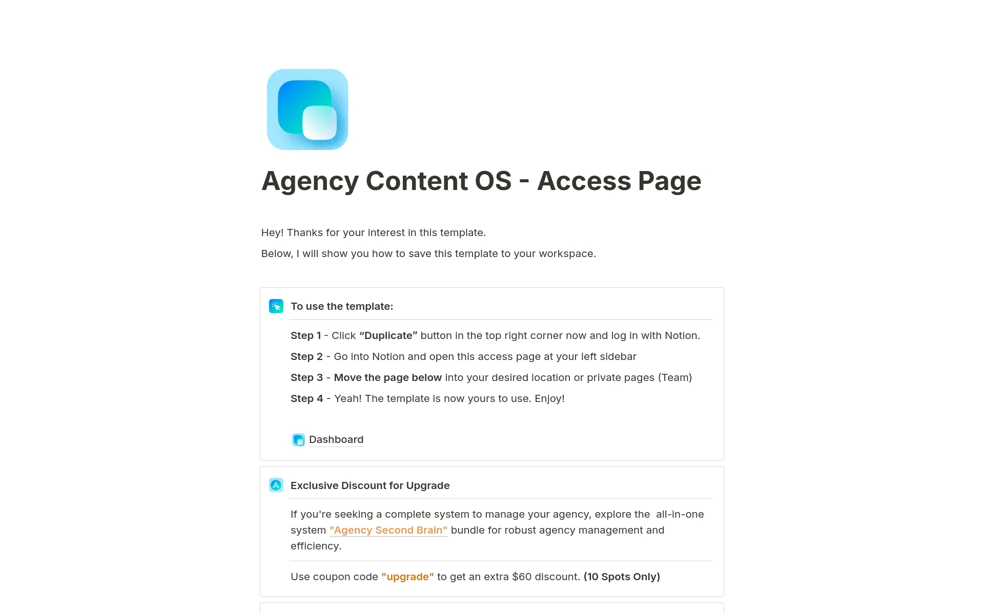 En forhåndsvisning av mal for Agency Content OS