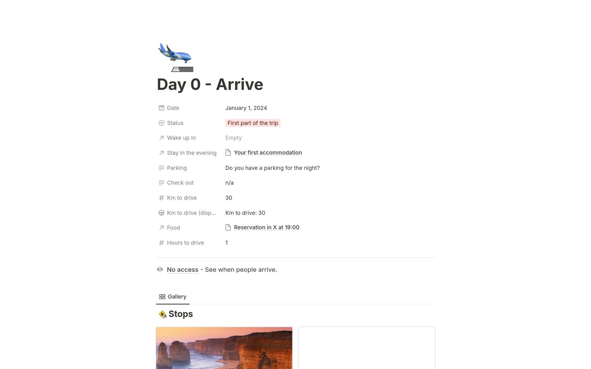 Day by day activities and stays planner with additional sections to plan a trip as a group.