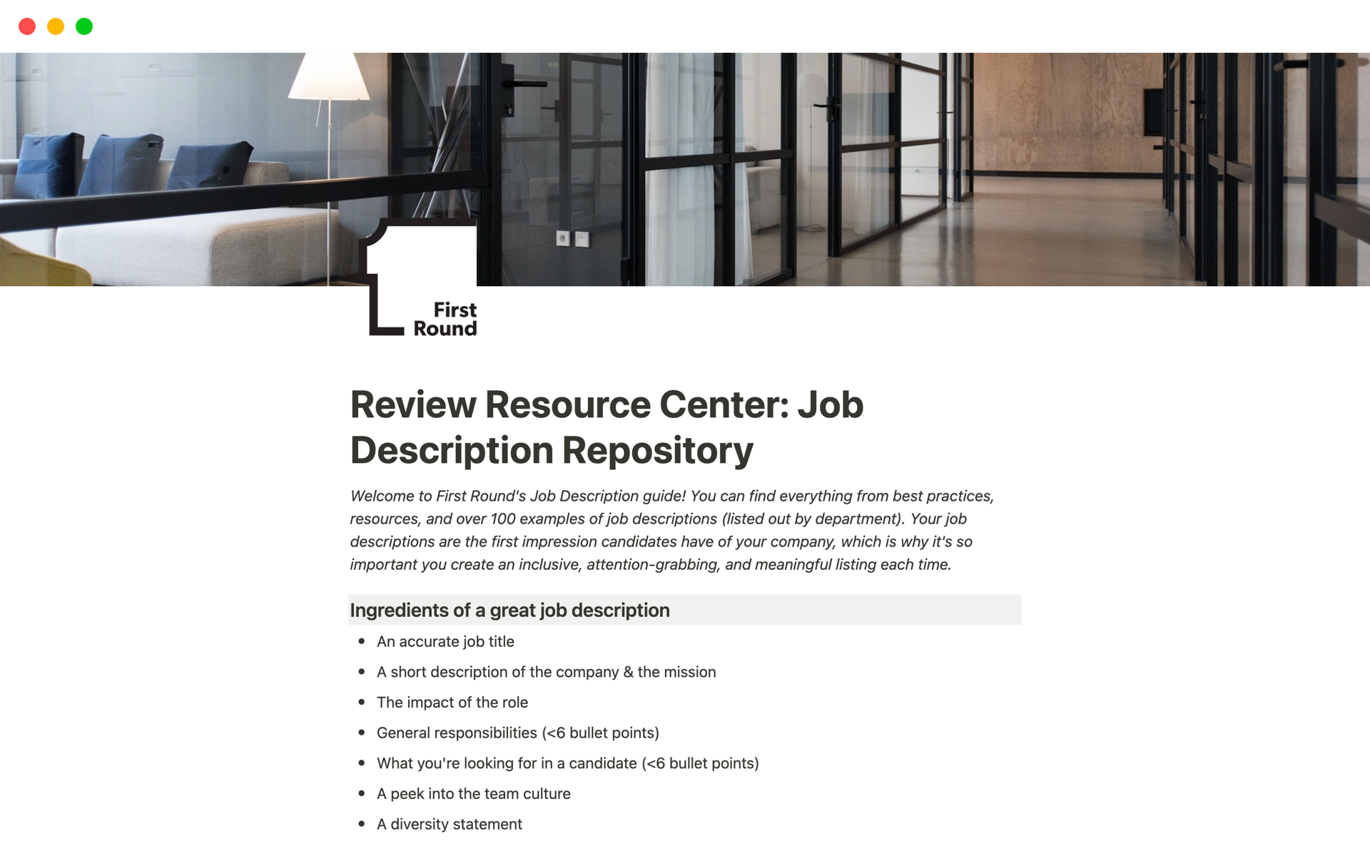 A template preview for Job Description Repository