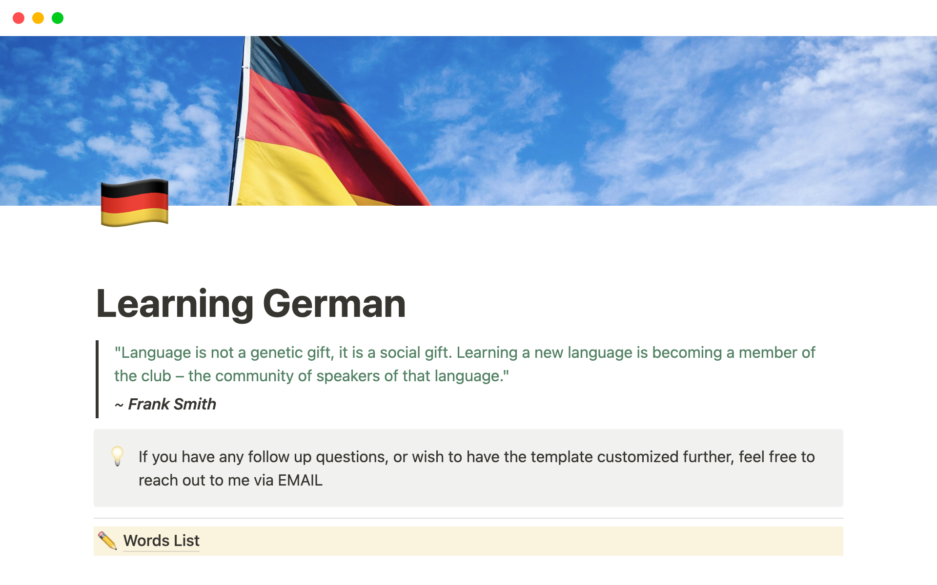 A template preview for My German Language: Learning Assistant