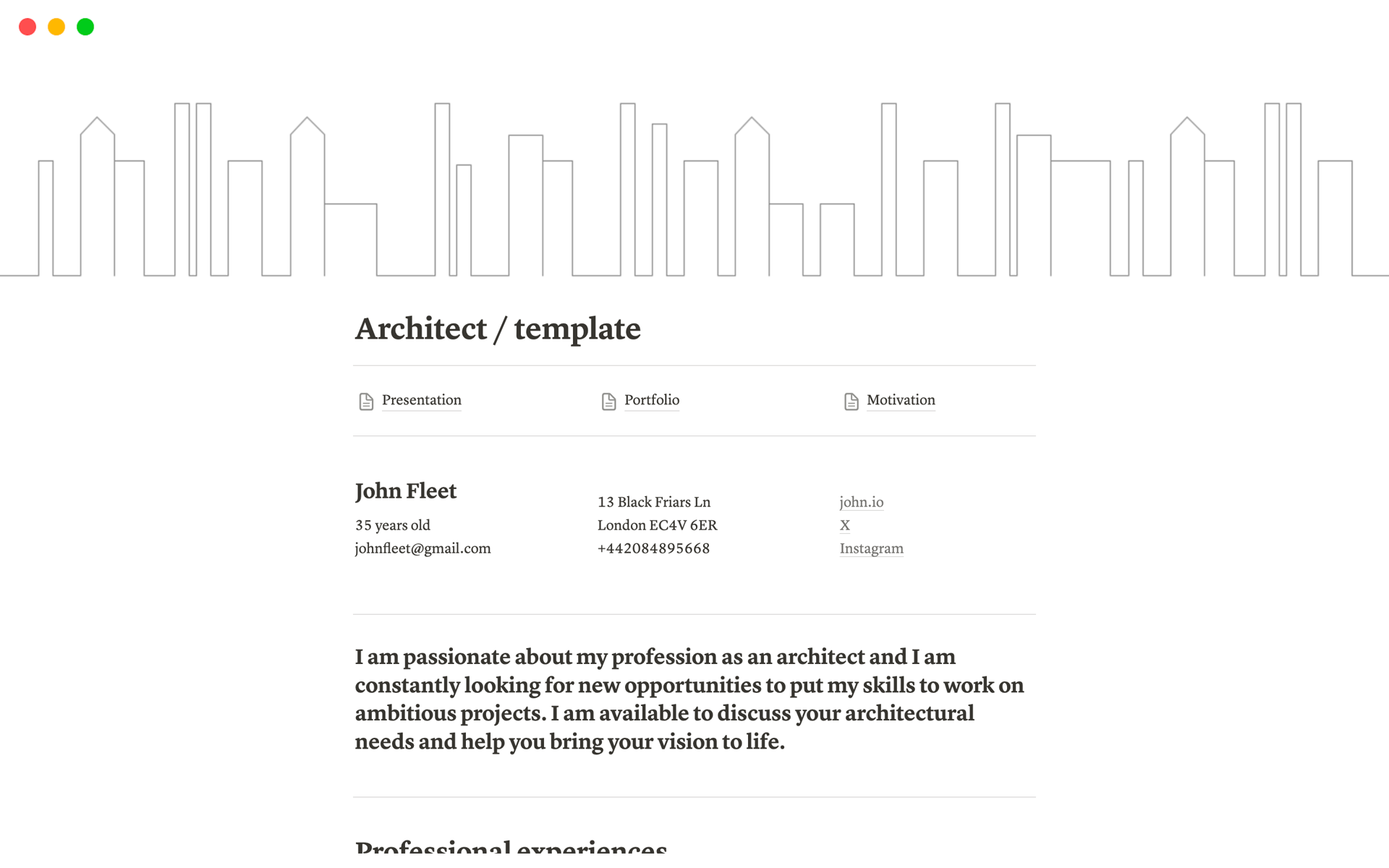 A template preview for Architect