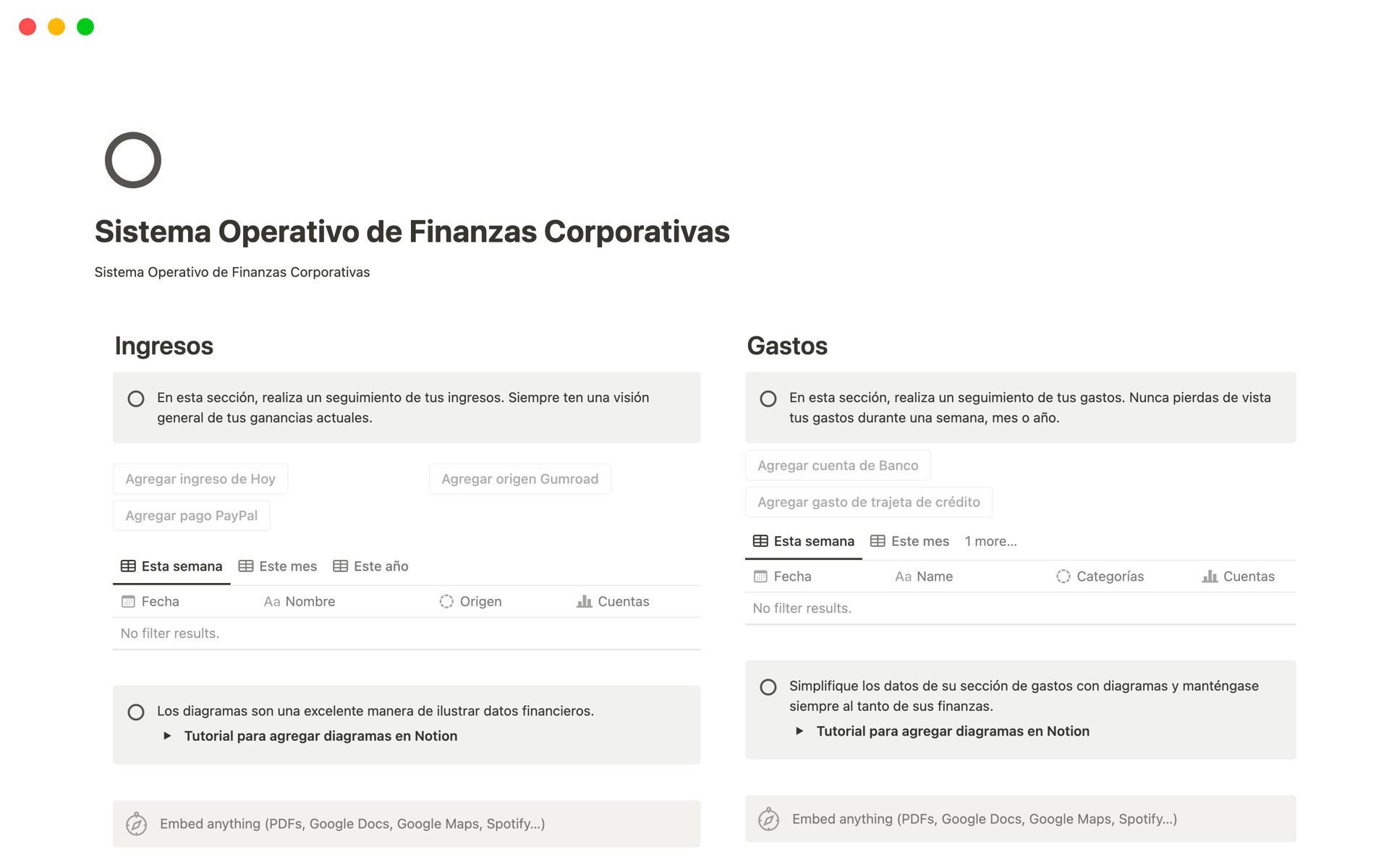 A template preview for Sistema Operativo de Finanzas Corporativas